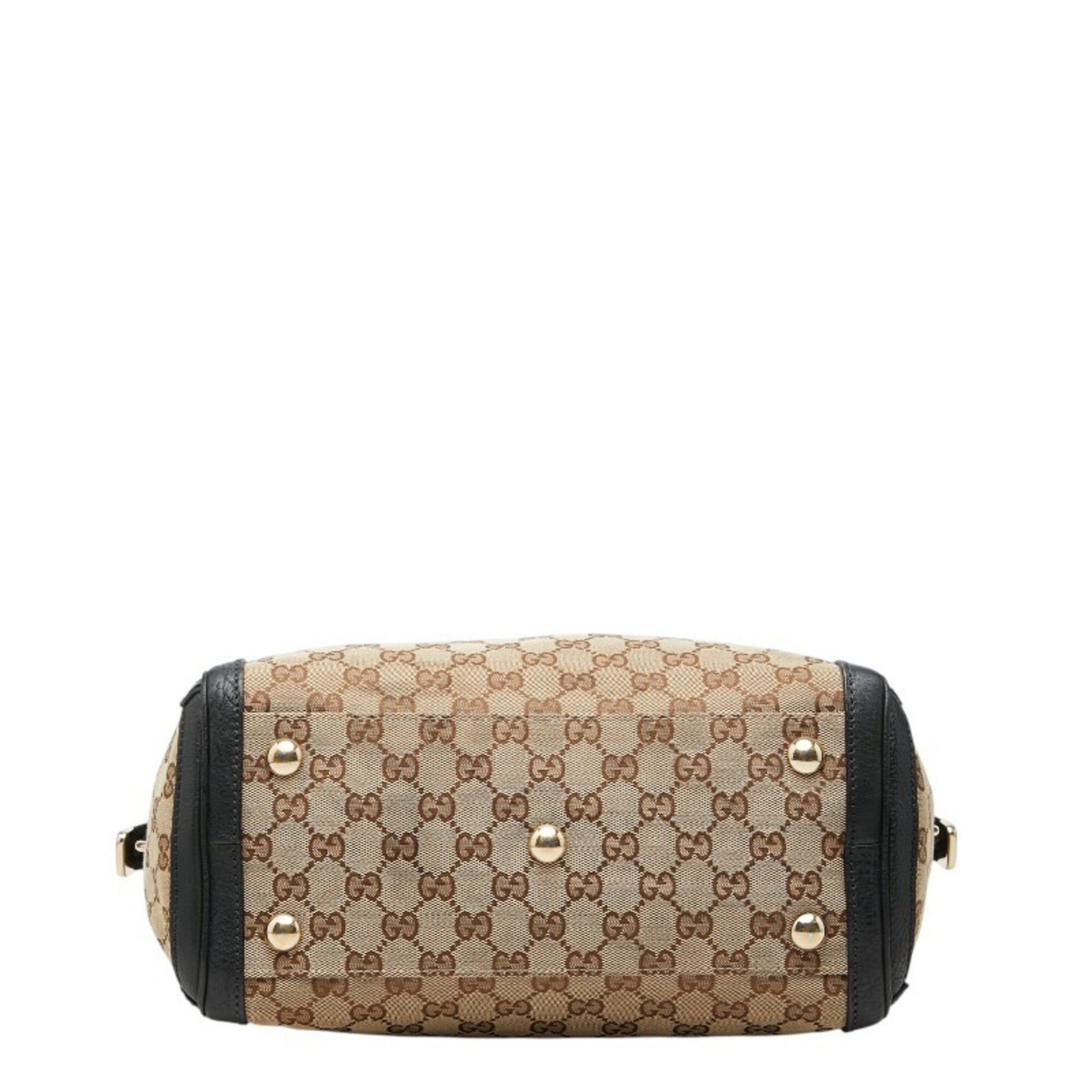 Gucci Beige Black Green Canvas Leather Shoulder Bag Tote Bag (Pre-Owned)