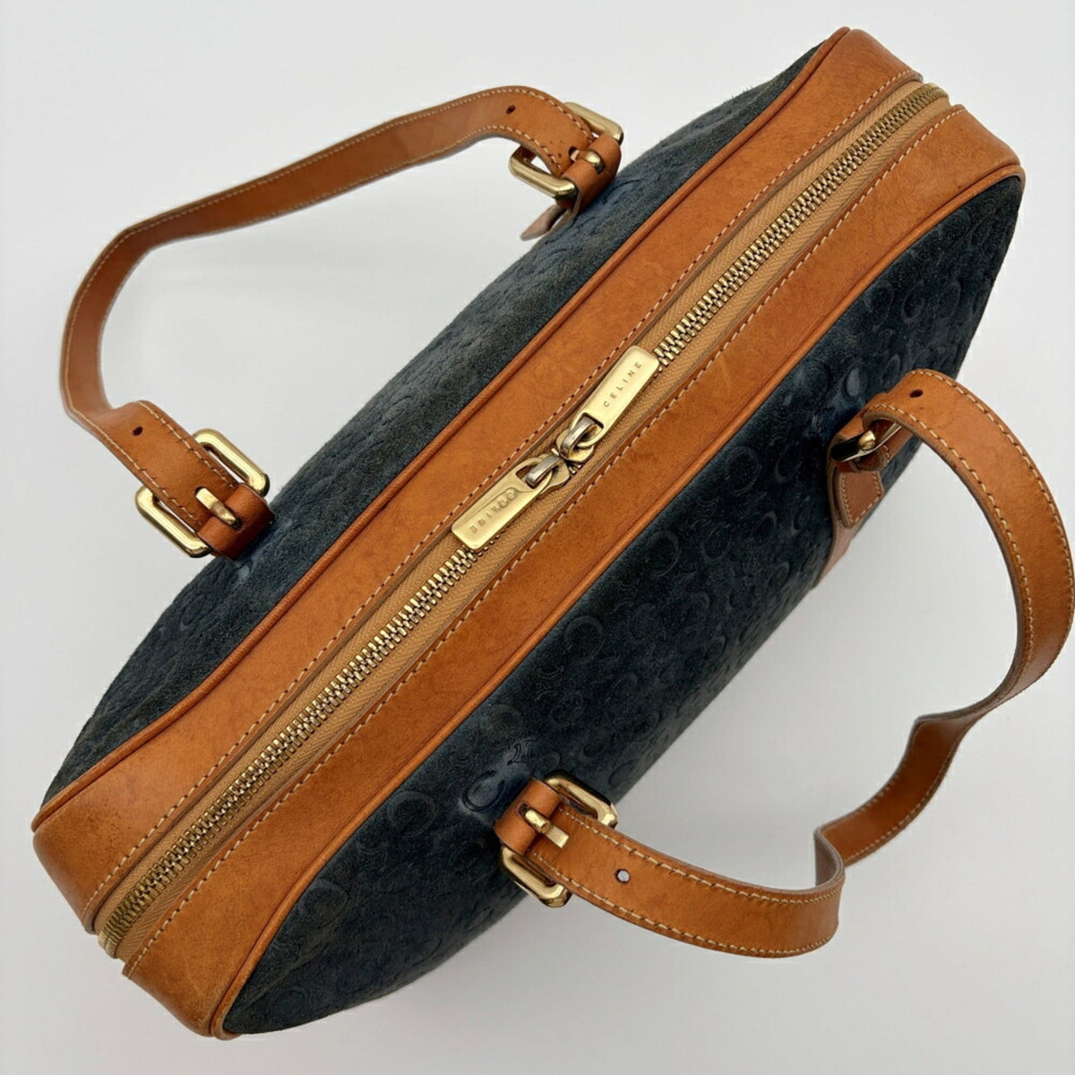 Celine Macadam Brown Navy Suede Leather Boston Bag (Pre-Owned)