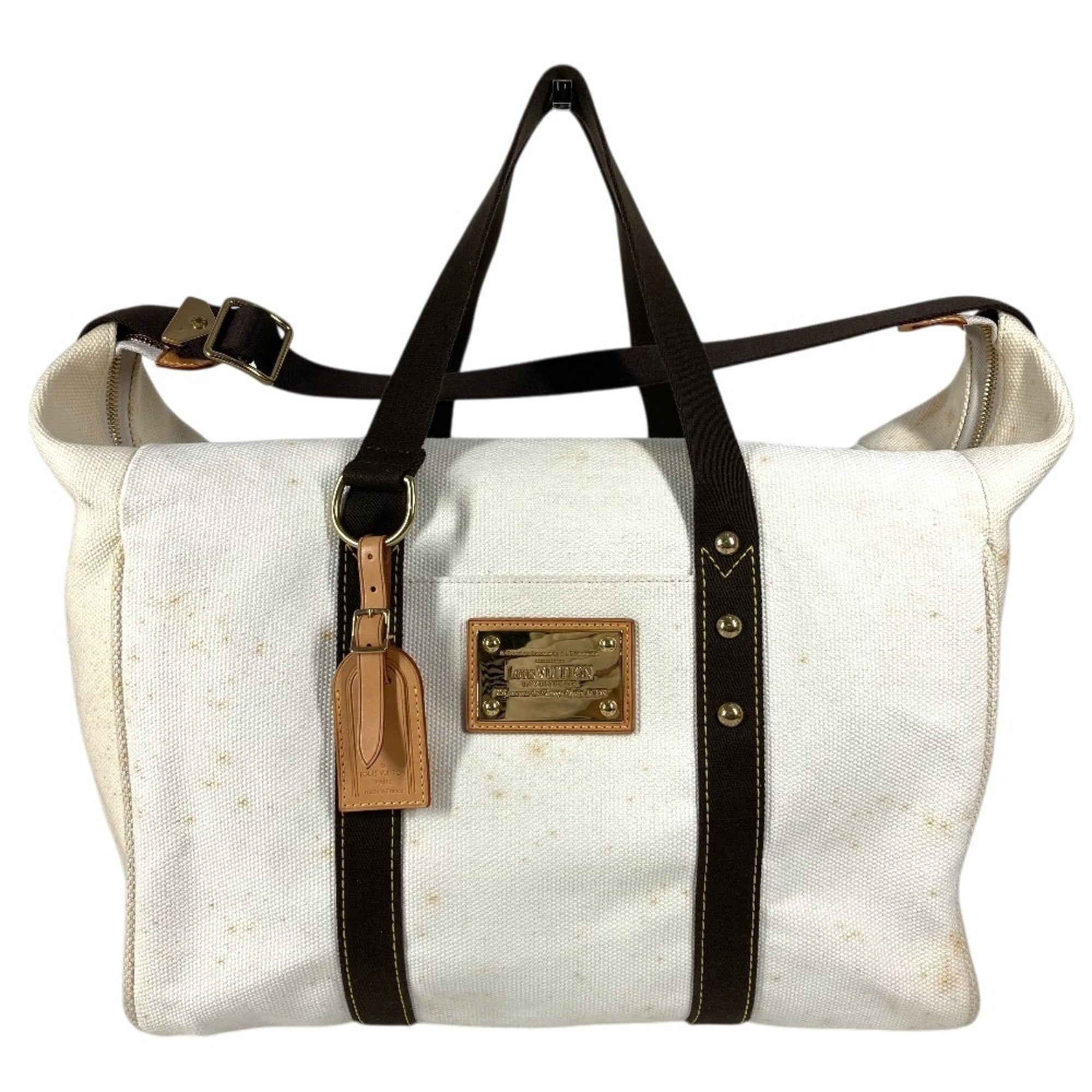 Louis Vuitton Brown White Canvas Boston Bag Shoulder Bag Tote Bag (Pre-Owned)