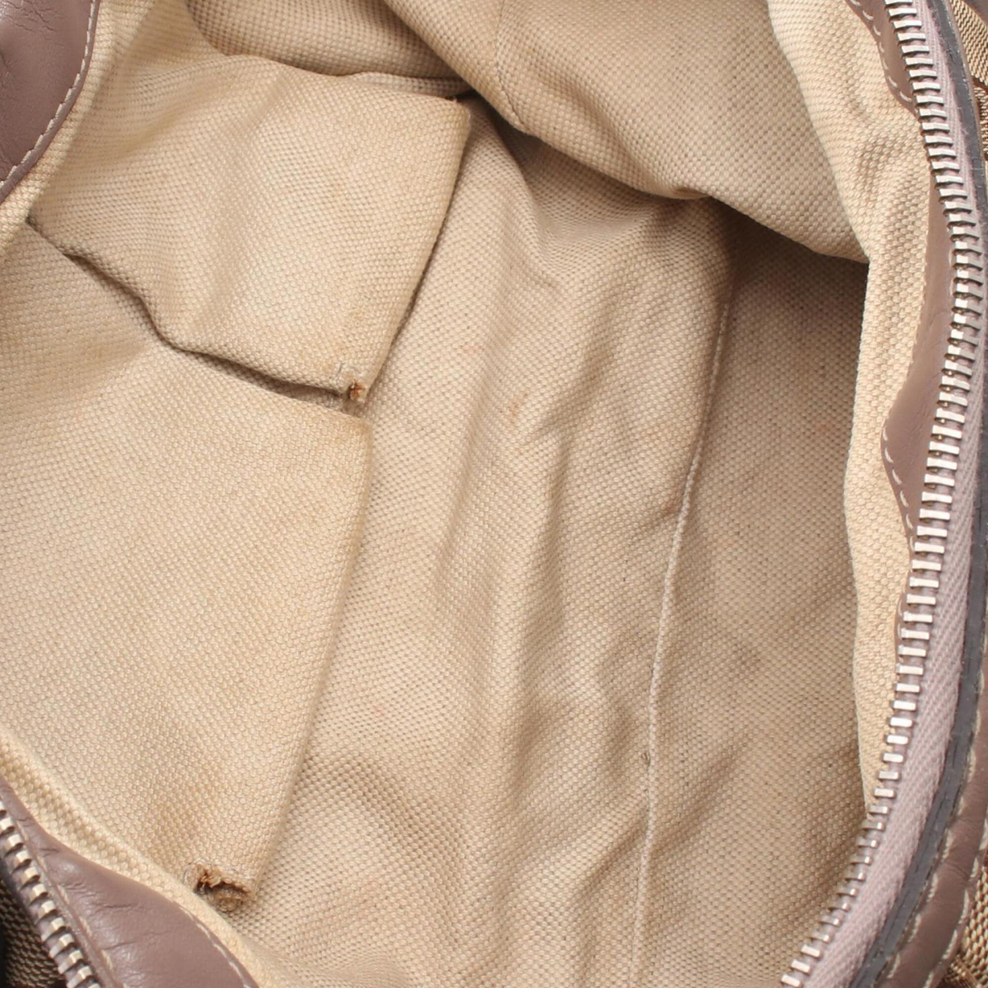 Gucci Beige Gray Canvas Leather Handbag (Pre-Owned)