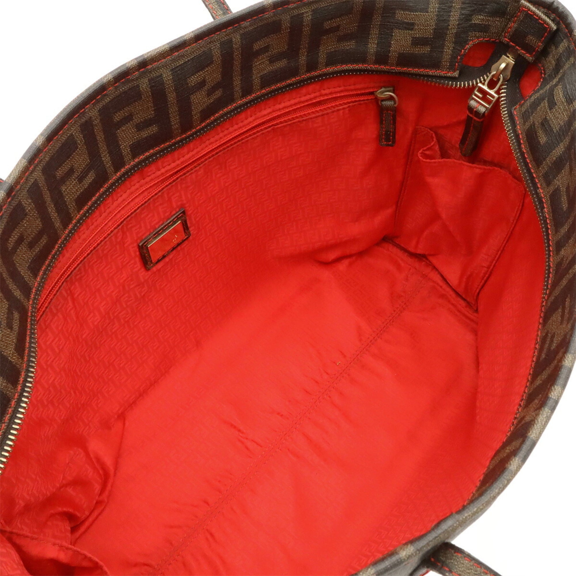 Fendi Dark Brown Khaki Brown Red Color Coated Canvas Leather Shoulder Bag Tote Bag (Pre-Owned)