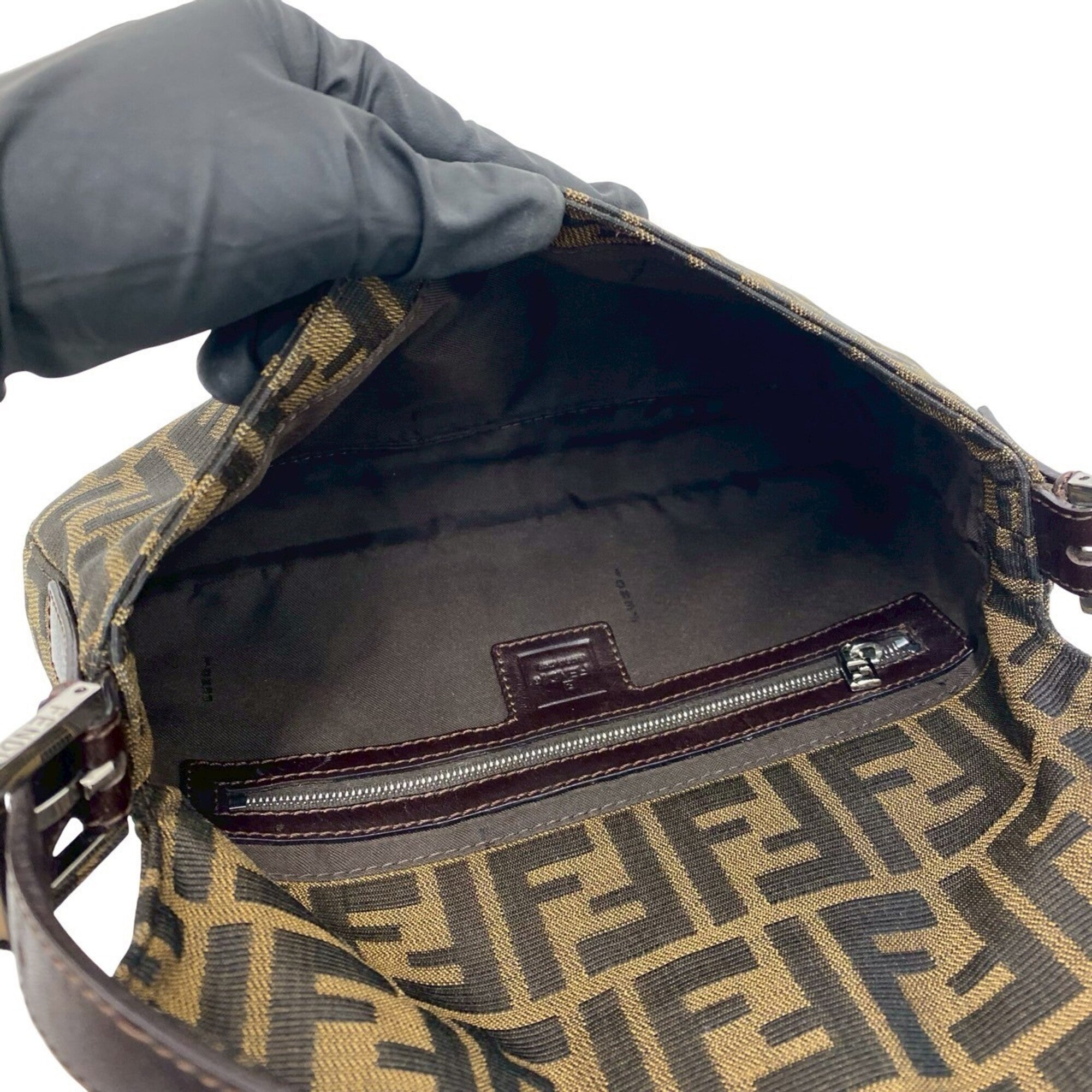 Fendi Black Brown Khaki Canvas Leather Handbag Shoulder Bag (Pre-Owned)