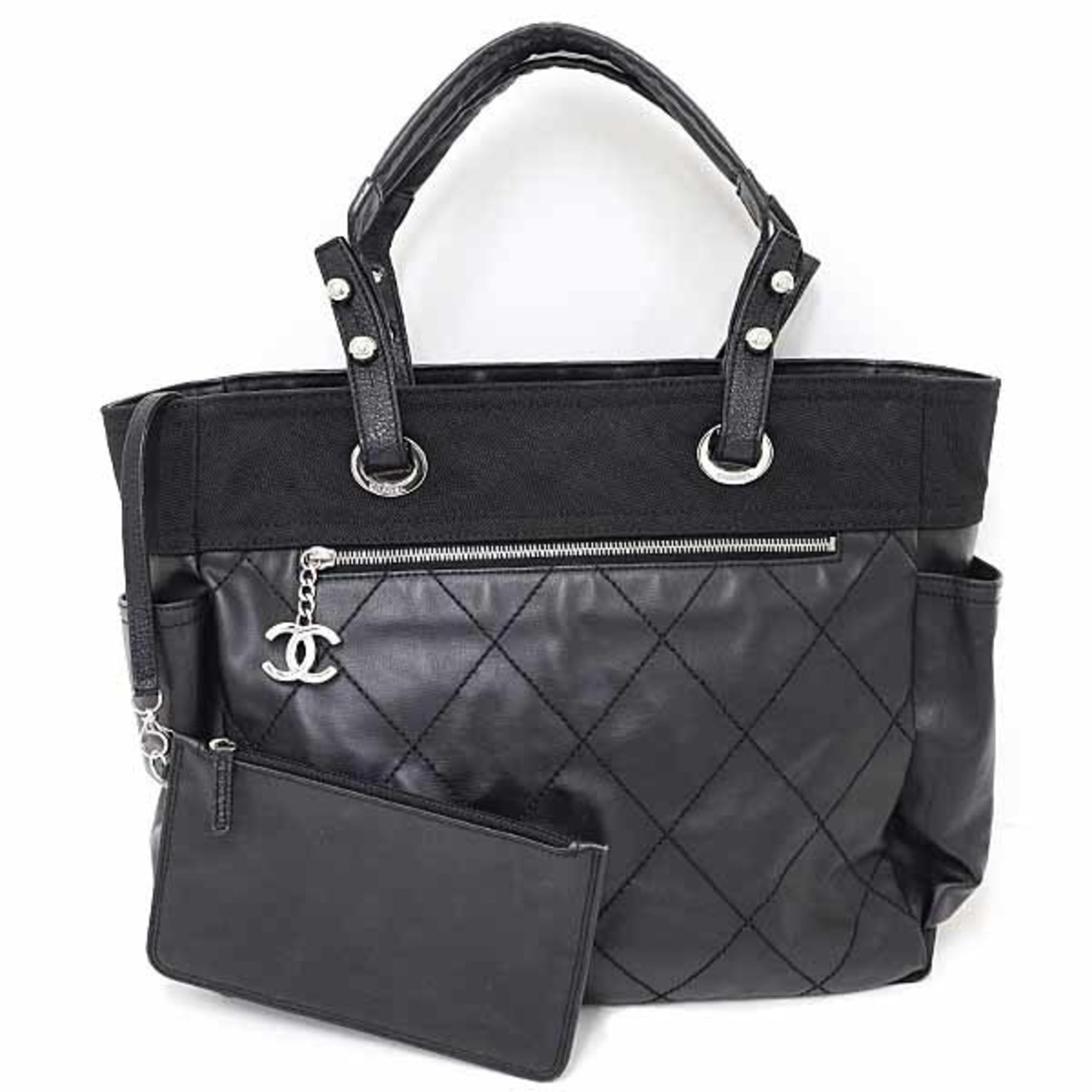 Chanel Paris Biarritz Black Coated Canvas Leather Shoulder Bag Tote Bag (Pre-Owned)
