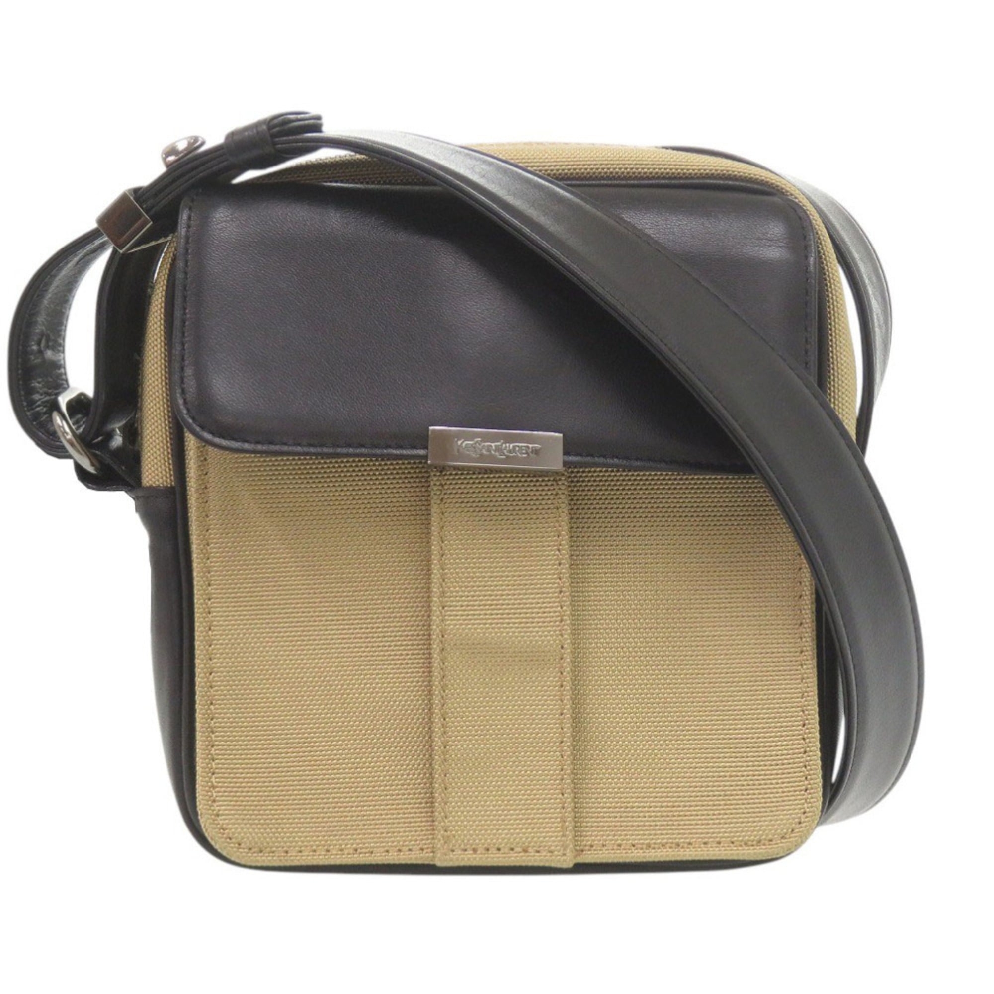 Yves Saint Laurent Beige Black Canvas Leather Shoulder Bag (Pre-Owned)