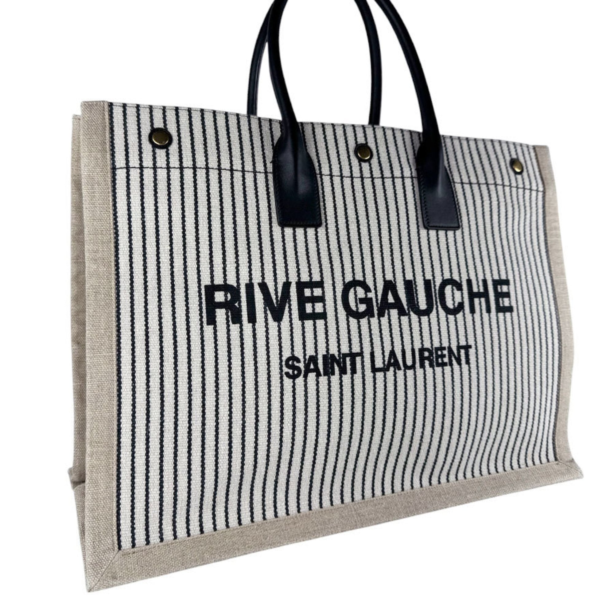 Saint Laurent Beige Black Ivory Canvas Leather Handbag Tote Bag (Pre-Owned)