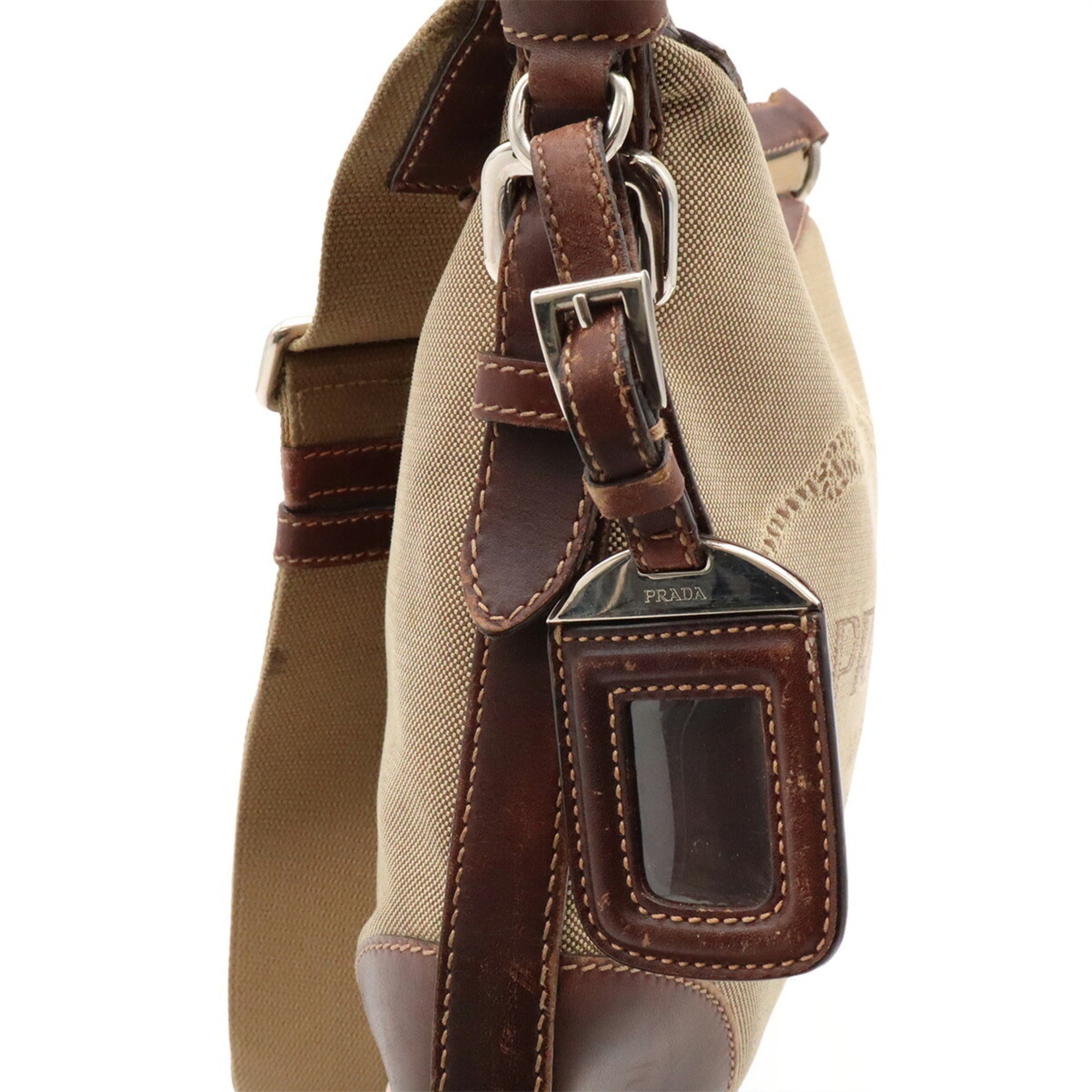 Prada Beige Dark Brown Khaki Canvas Leather Shoulder Bag (Pre-Owned)
