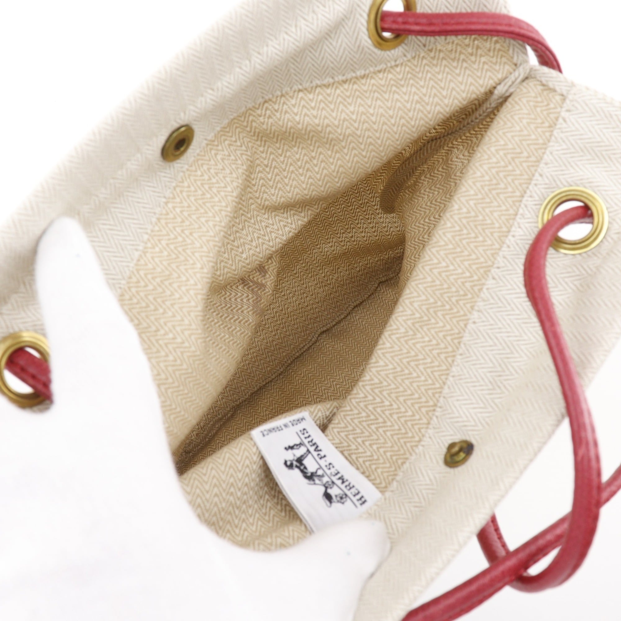 Hermes Ivory Red Color Toile Chevron Leather Shoulder Bag (Pre-Owned)