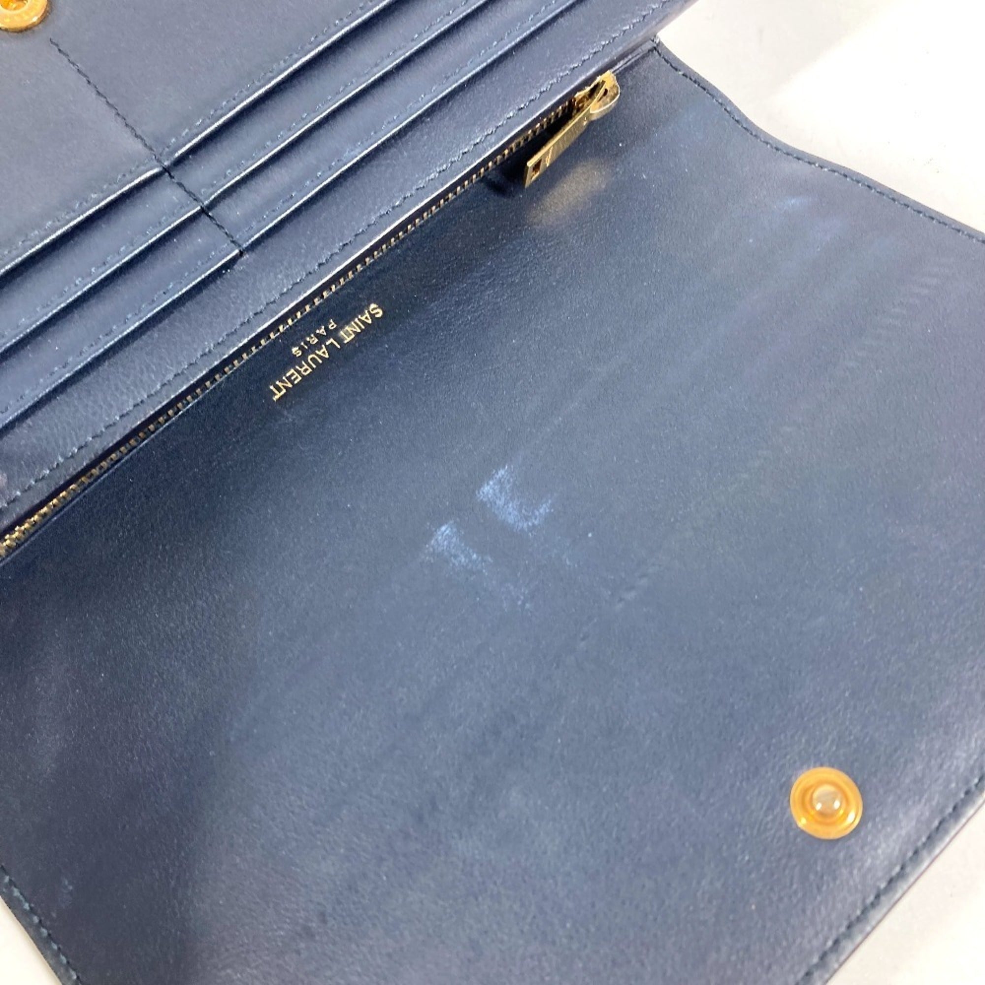 Yves Saint Laurent Navy Leather Long Wallet (Tri-Fold) (Pre-Owned)