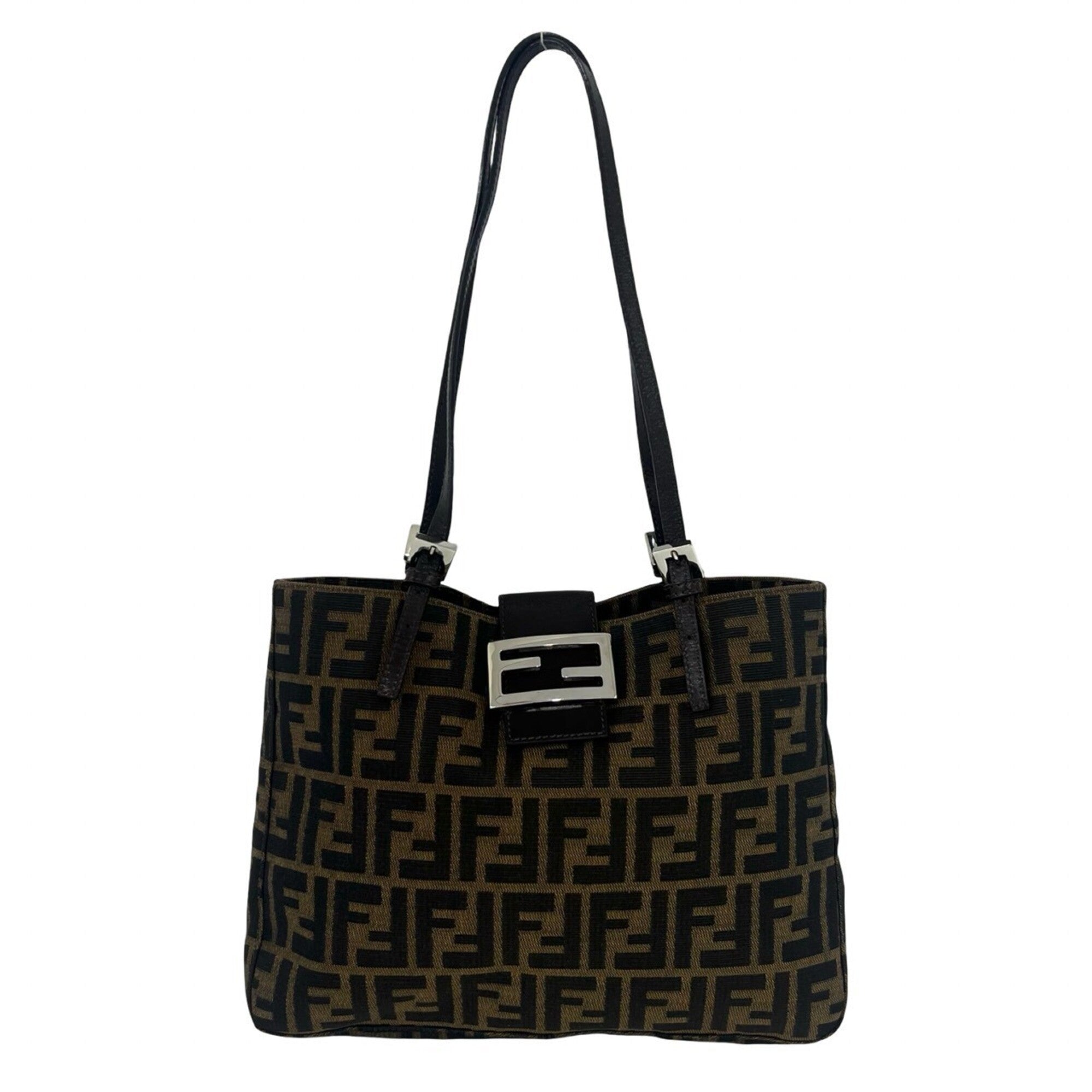 Fendi Black Brown Canvas Leather Shoulder Bag Tote Bag (Pre-Owned)