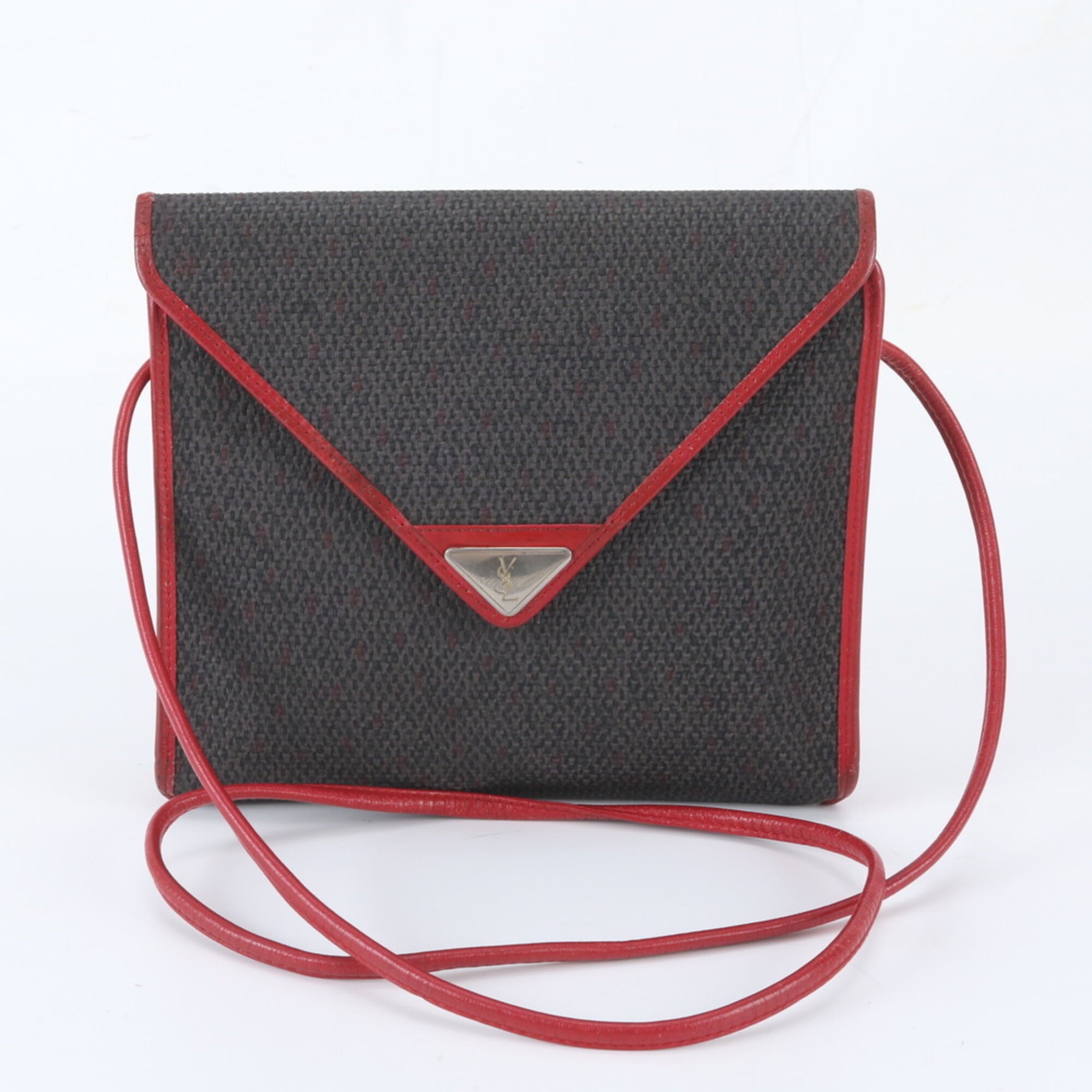 Yves Saint Laurent Gray Red Color Leather Coated Canvas Crossbody Bag Handbag Shoulder Bag Tote Bag (Pre-Owned)
