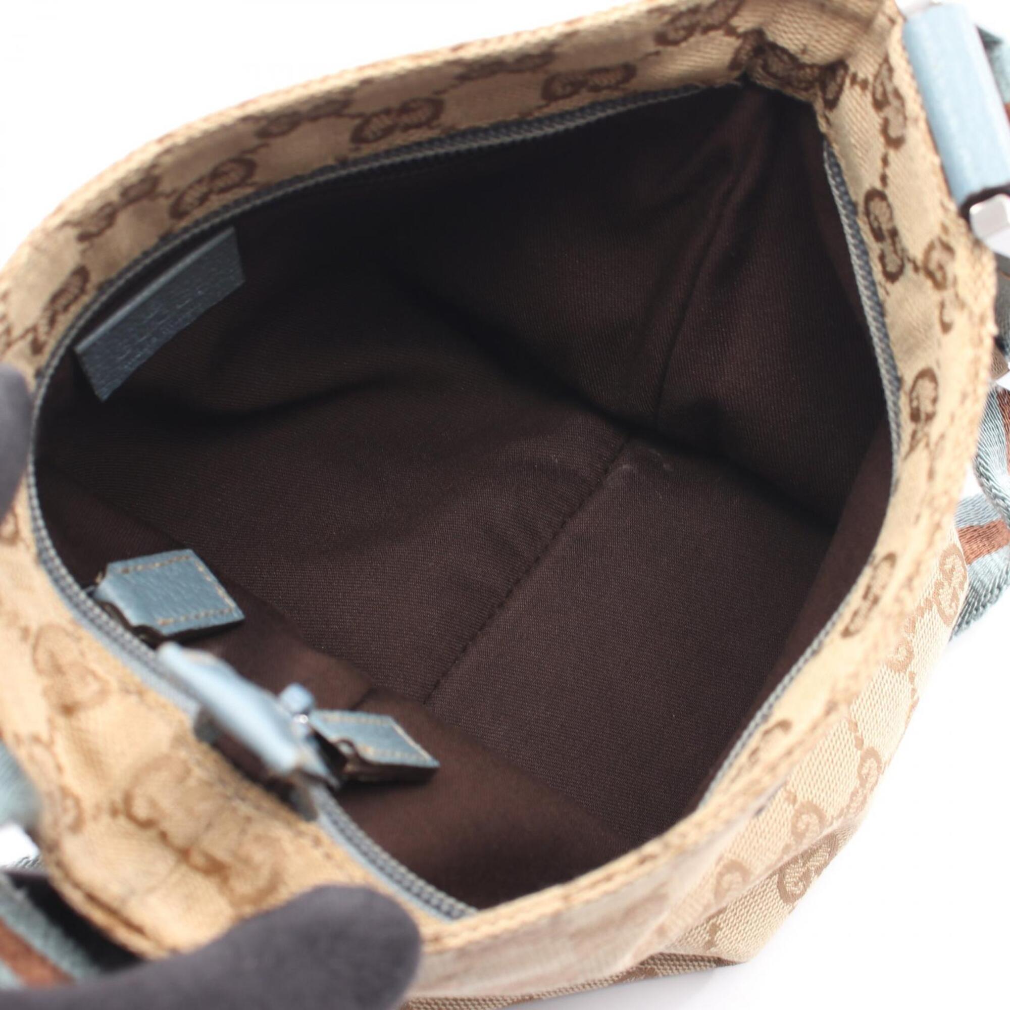 Gucci Beige Blue Brown Canvas Leather Shoulder Bag (Pre-Owned)