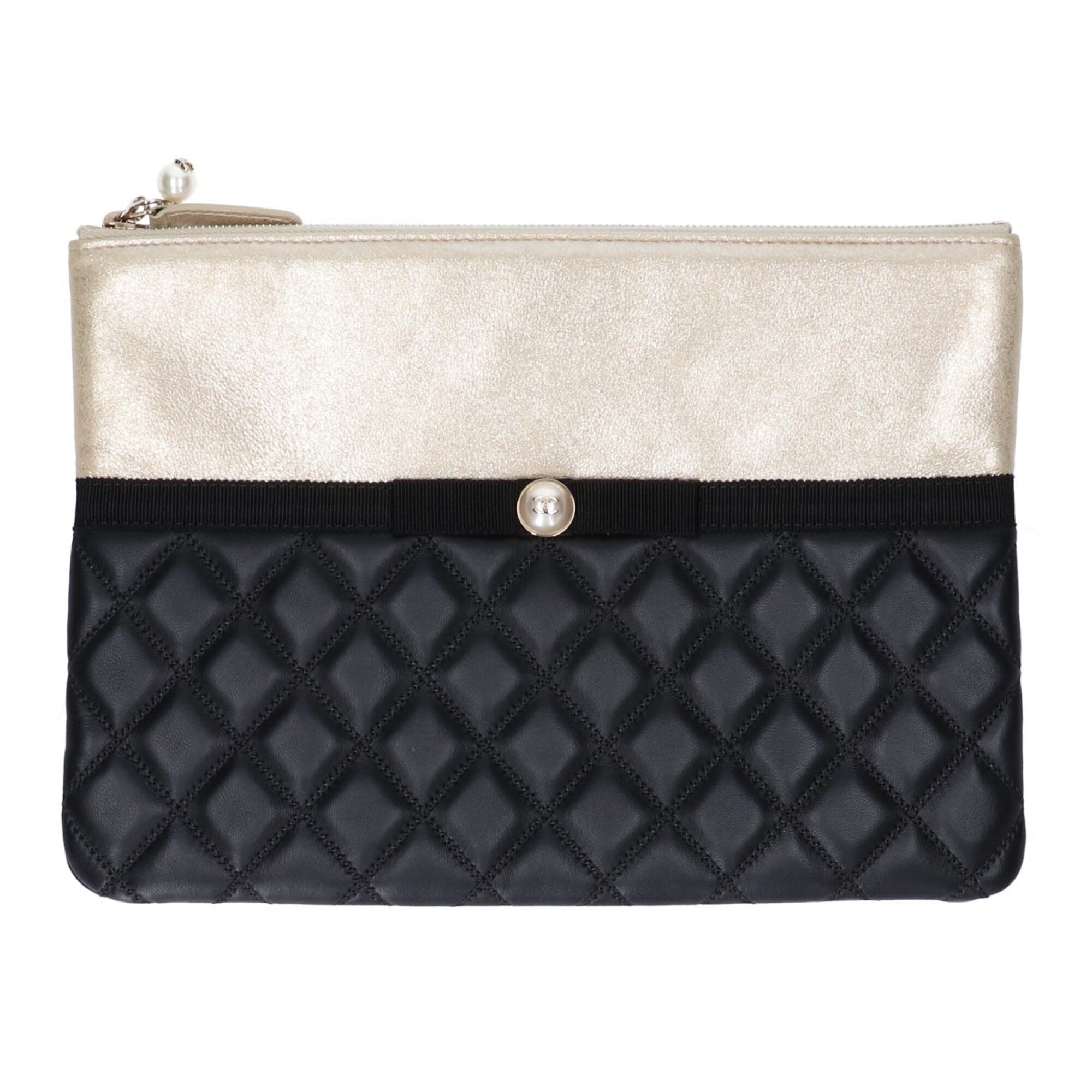 Chanel Black Champagne Gold Leather Clutch Bag (Pre-Owned)