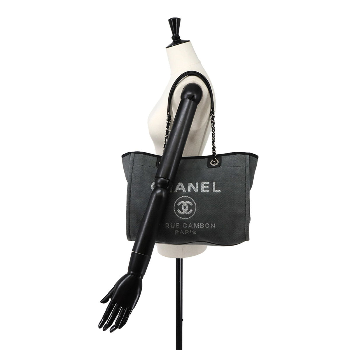 Chanel Black Gray Canvas Leather Handbag Tote Bag (Pre-Owned)