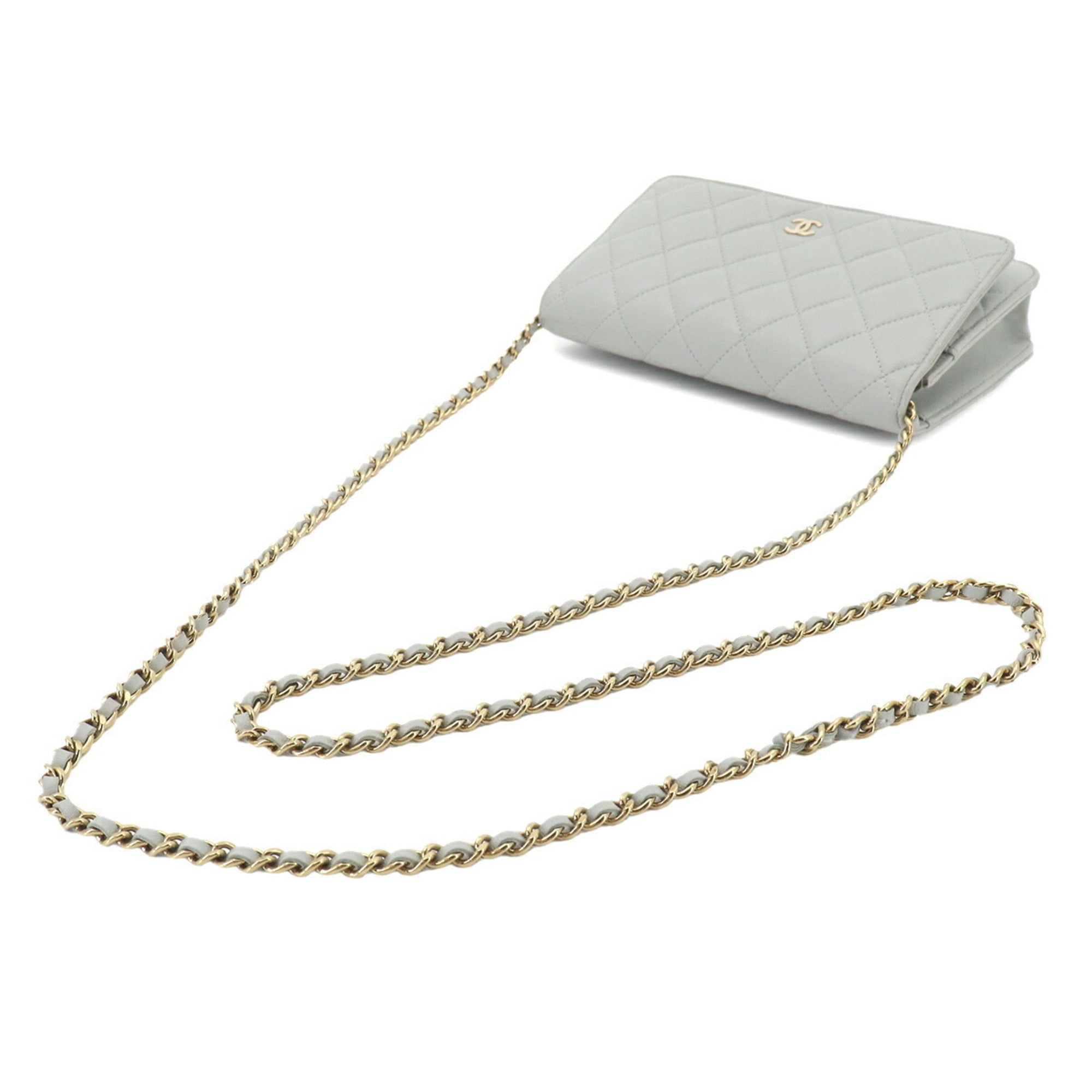 Chanel Light Gray Leather Chain/Shoulder Wallet (Pre-Owned)