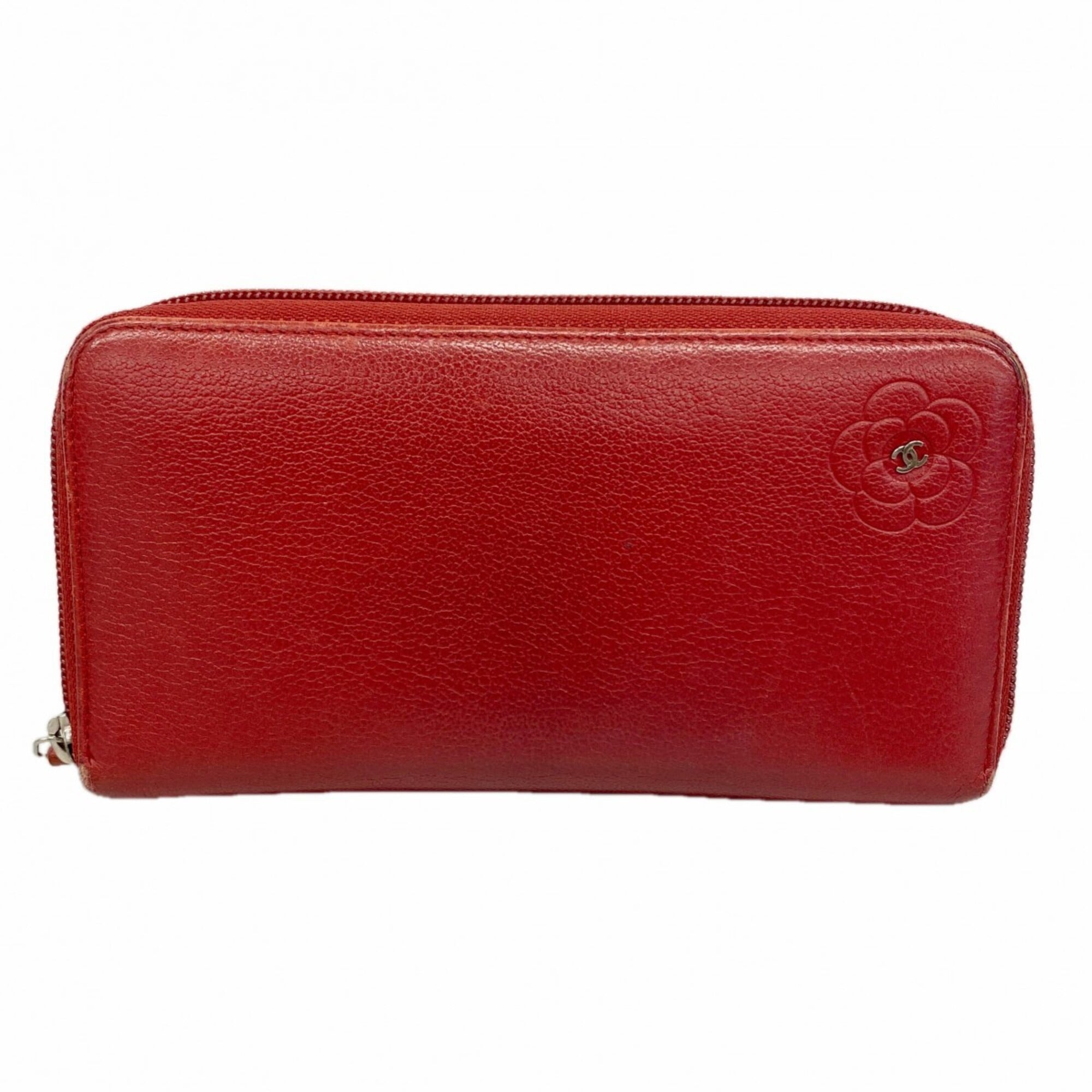 Chanel Red Color Leather Long Wallet (Bi-Fold) (Pre-Owned)