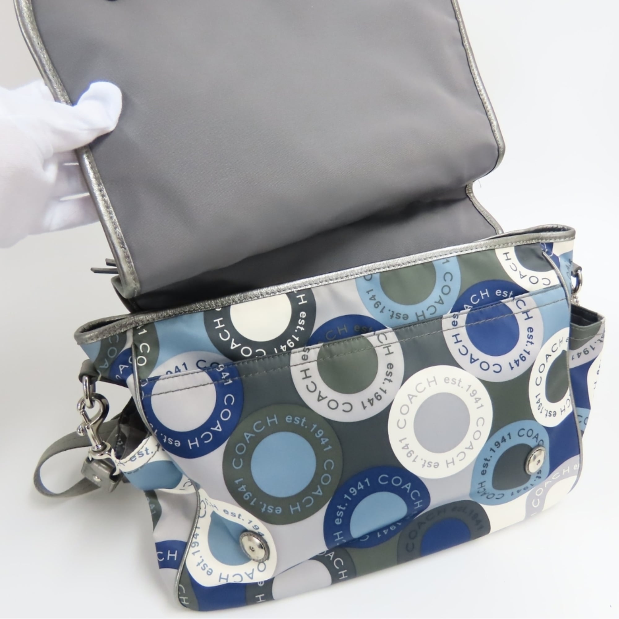 Coach Blue Gray Multi-Color Silver Nylon Leather Shoulder Bag (Pre-Owned)