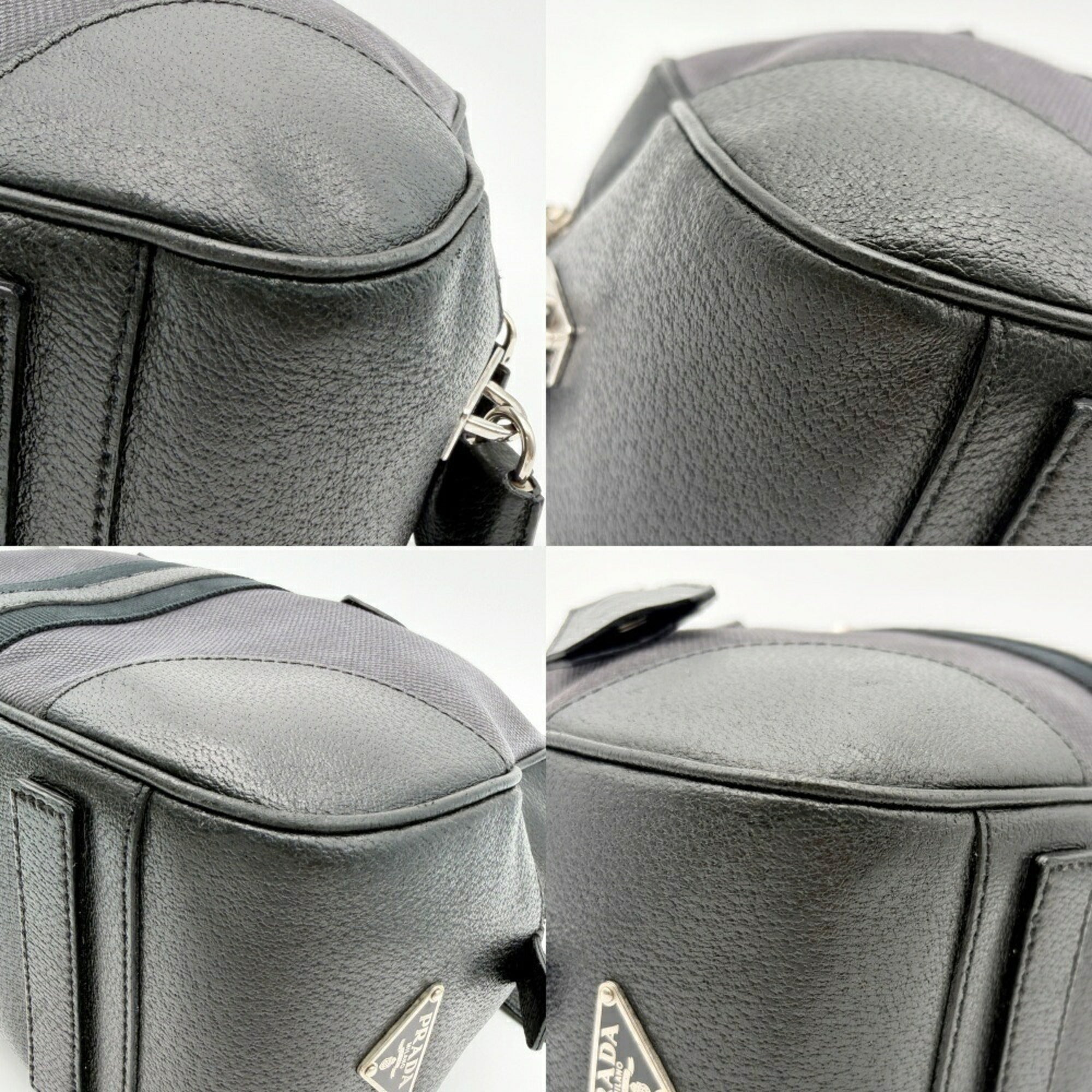 Prada Black Gray Canvas Leather Boston Bag Handbag (Pre-Owned)
