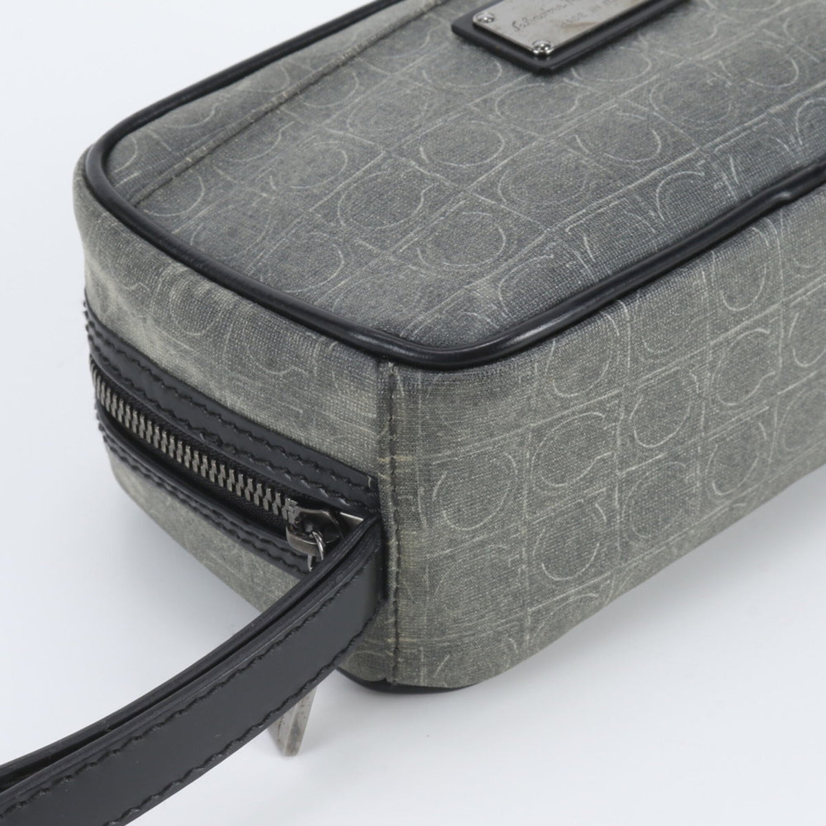 Salvatore Ferragamo Gray Leather Coated Canvas Clutch Bag Pouch (Pre-Owned)