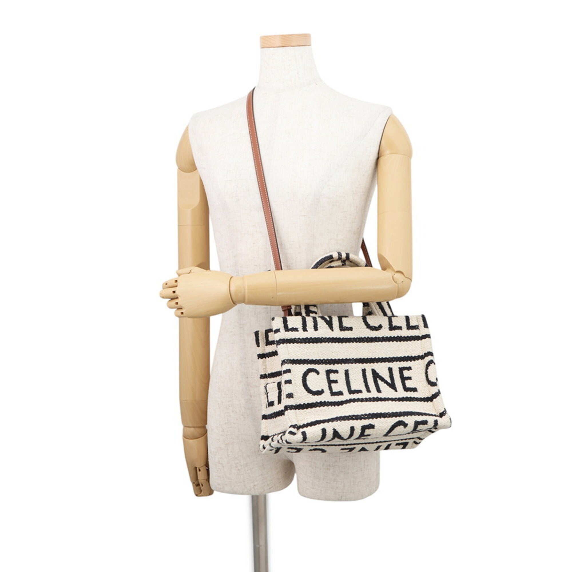 Celine Cabas Black White Cotton Leather Handbag Shoulder Bag (Pre-Owned)
