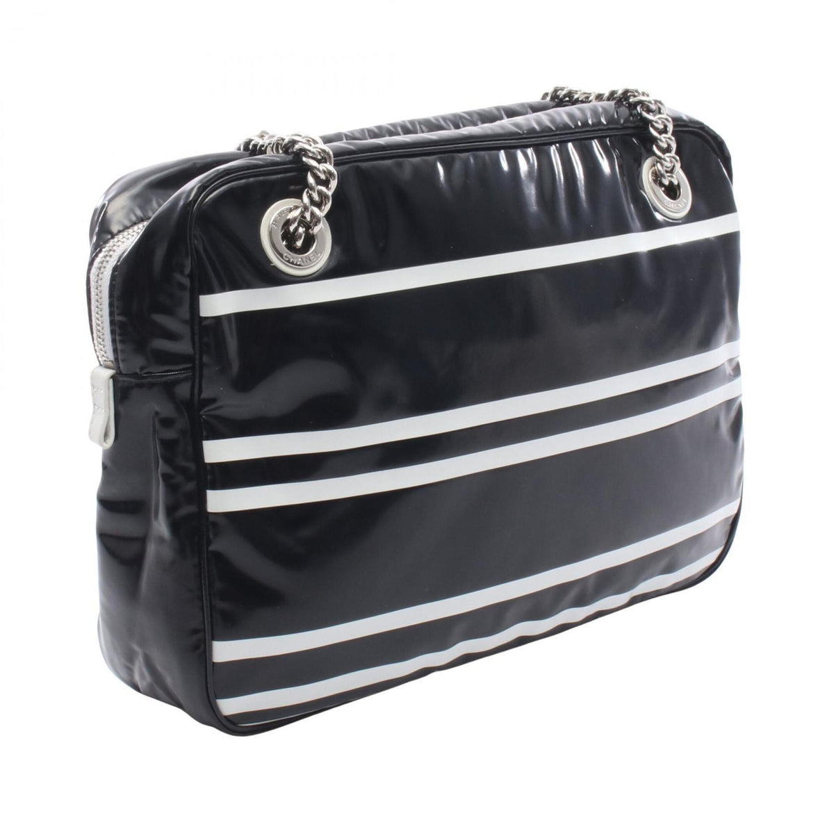 Chanel Black White Pvc Coated Canvas Leather Shoulder Bag (Pre-Owned)