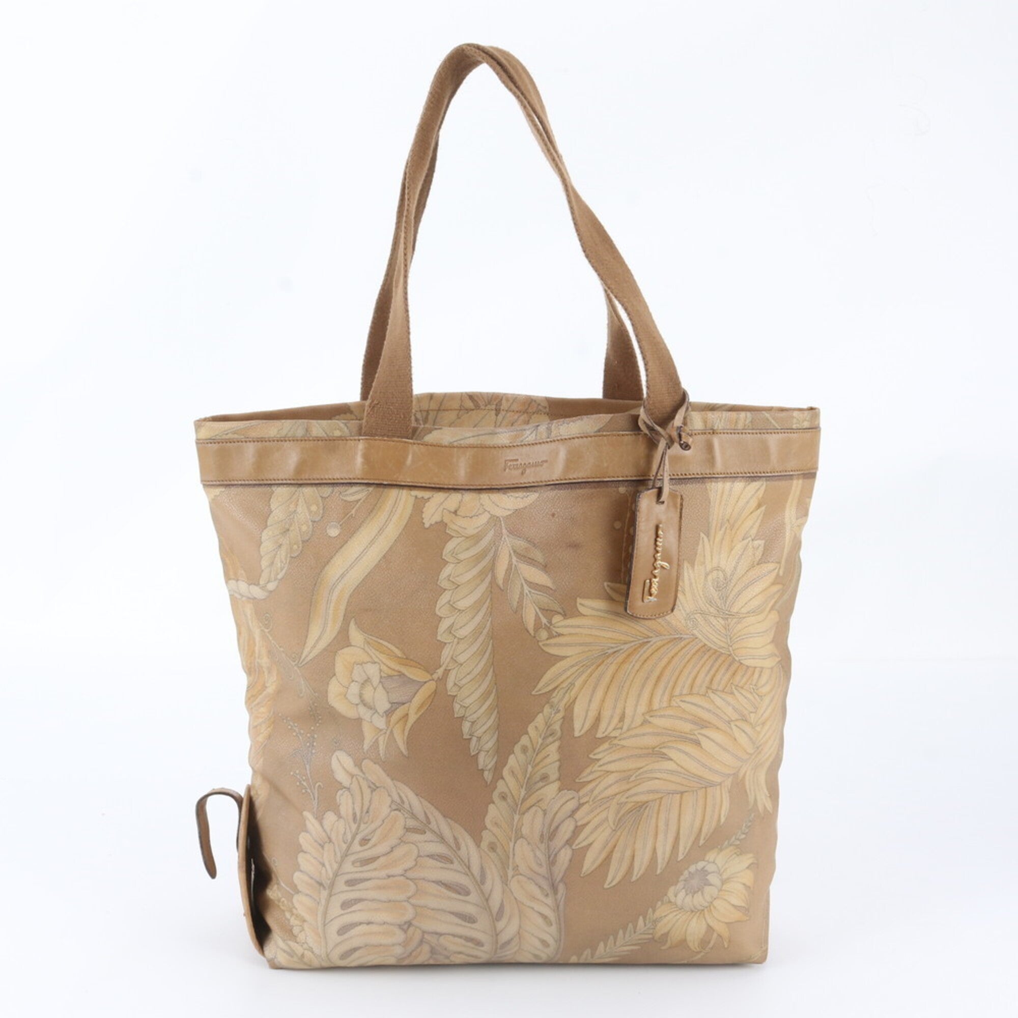 Salvatore Ferragamo Beige Leather Coated Canvas Handbag Shoulder Bag Tote Bag (Pre-Owned)