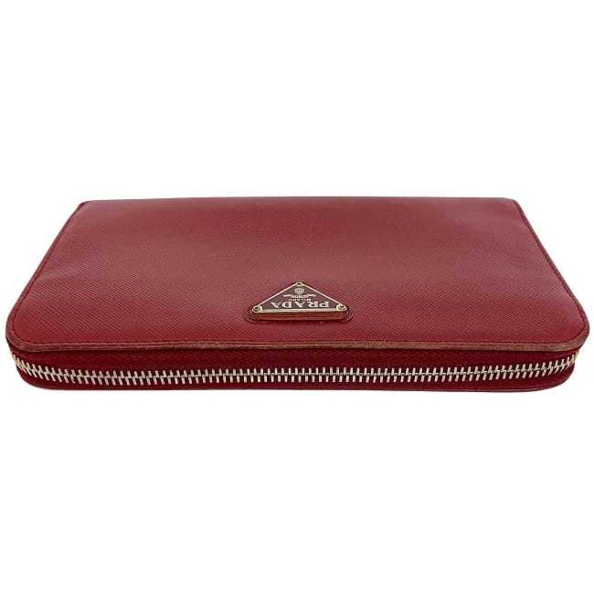 Prada Red Color Saffiano Long Wallet (Bi-Fold) (Pre-Owned)