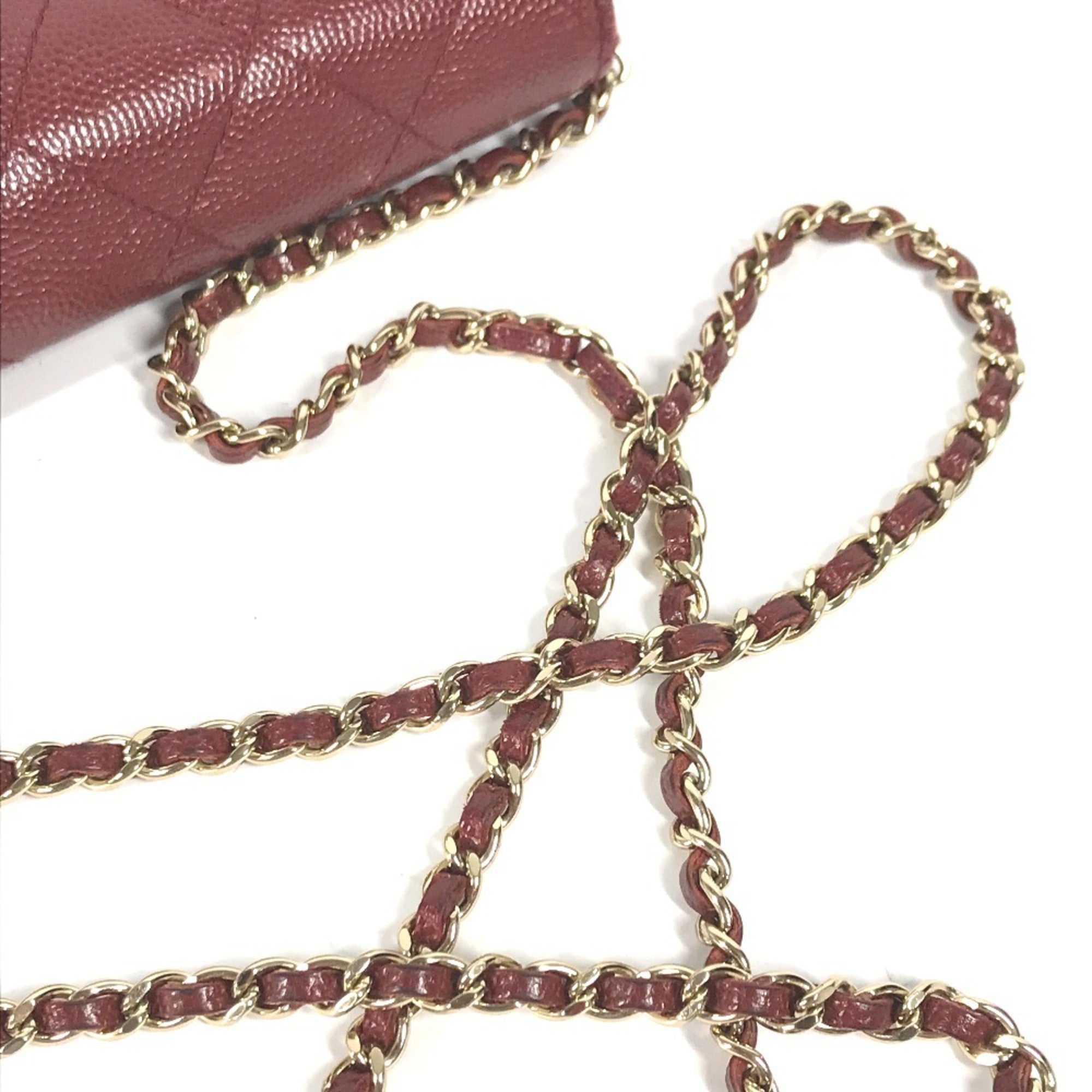Chanel Red Color Grained Calfskin Chain/Shoulder Wallet (Pre-Owned)