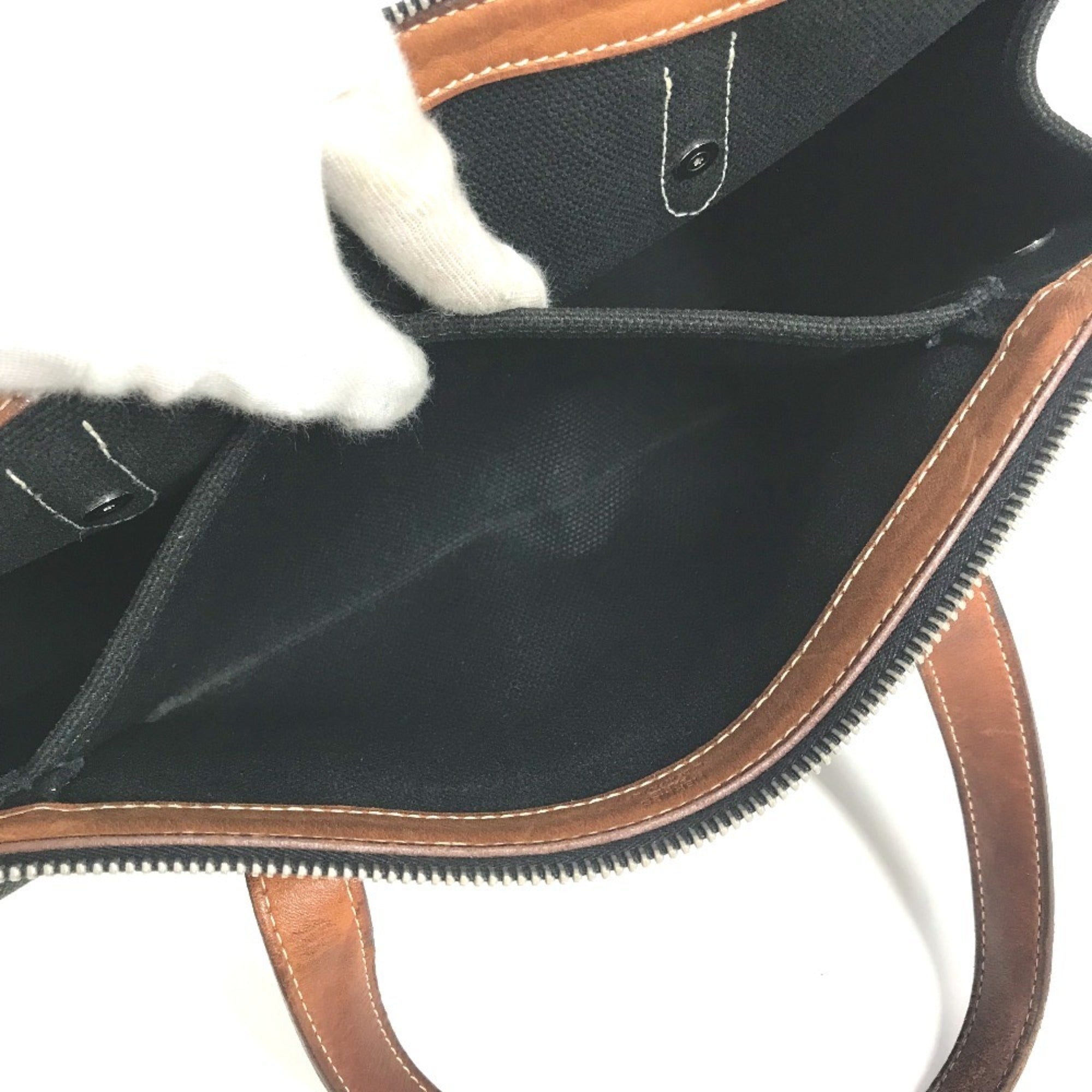 Hermes Black Brown Canvas Leather Briefcase Handbag Tote Bag (Pre-Owned)