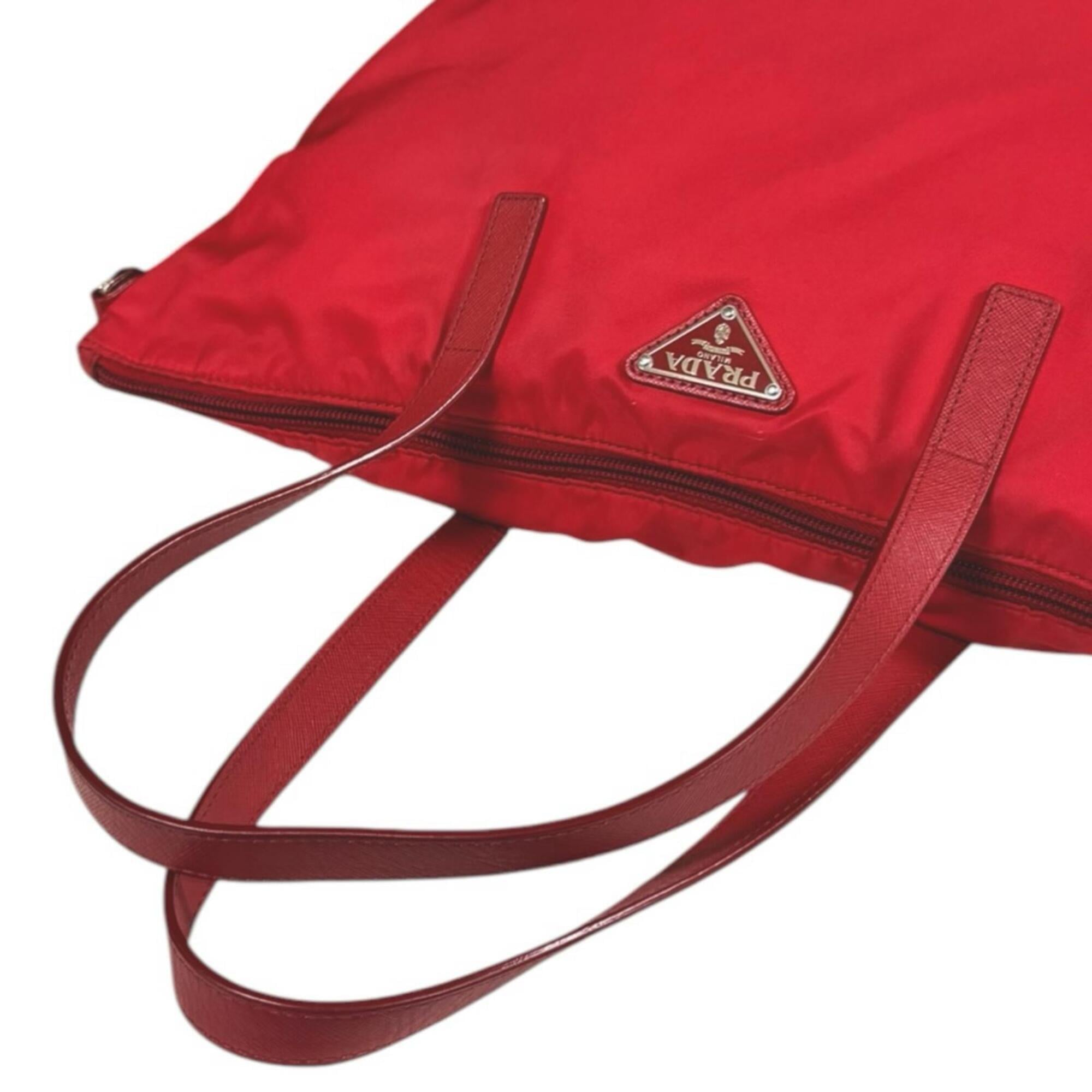 Prada Red Color Nylon Handbag Tote Bag (Pre-Owned)