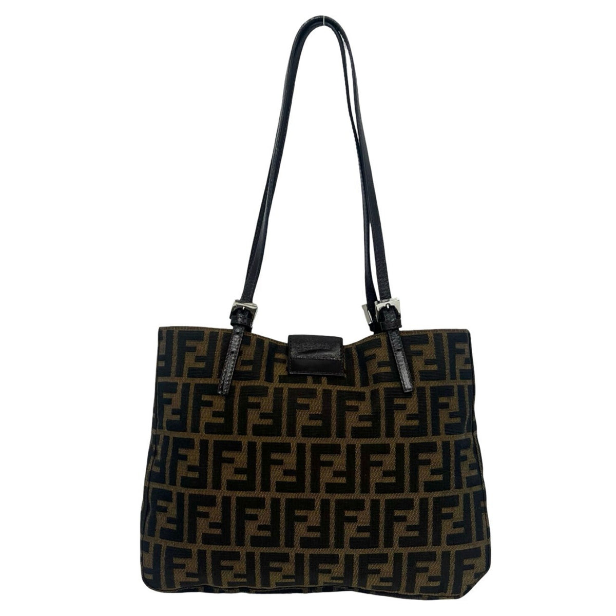 Fendi Black Brown Canvas Leather Shoulder Bag Tote Bag (Pre-Owned)