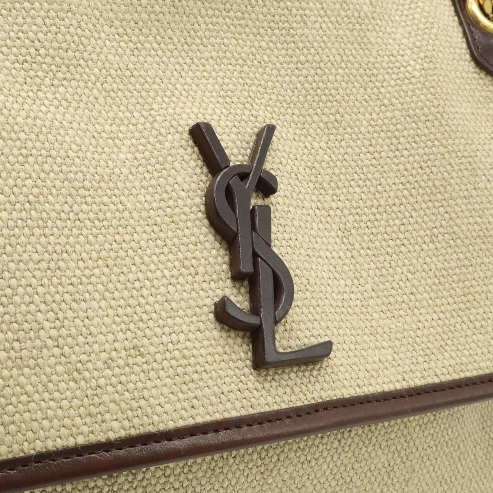 Yves Saint Laurent Beige Dark Brown Linen Leather Shoulder Bag (Pre-Owned)