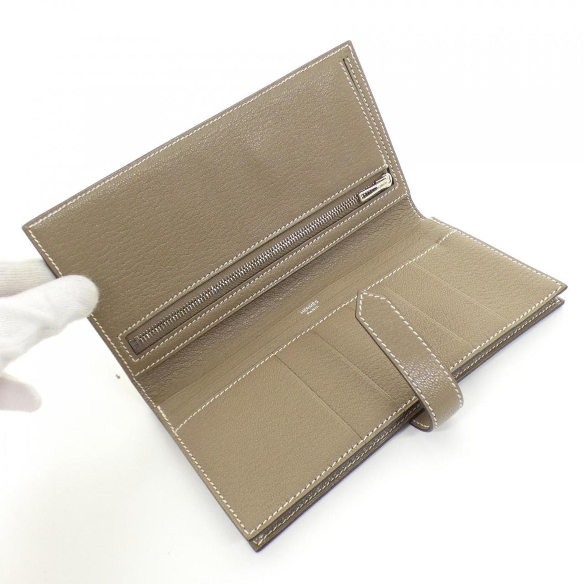 Hermes Etoupe Gray Chevre Leather Long Wallet (Bi-Fold) (Pre-Owned)