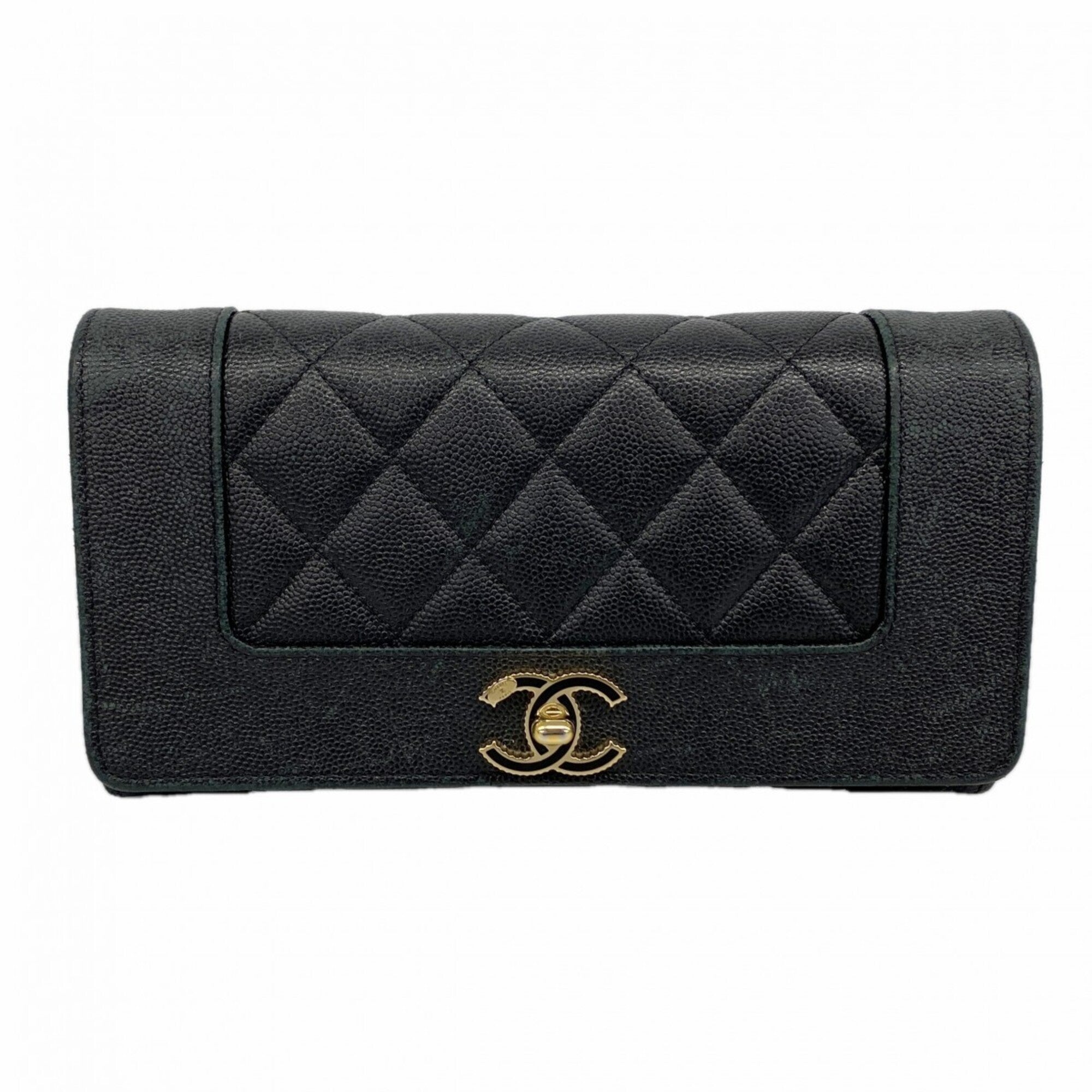 Chanel Black Grained Calfskin Long Wallet (Bi-Fold) (Pre-Owned)