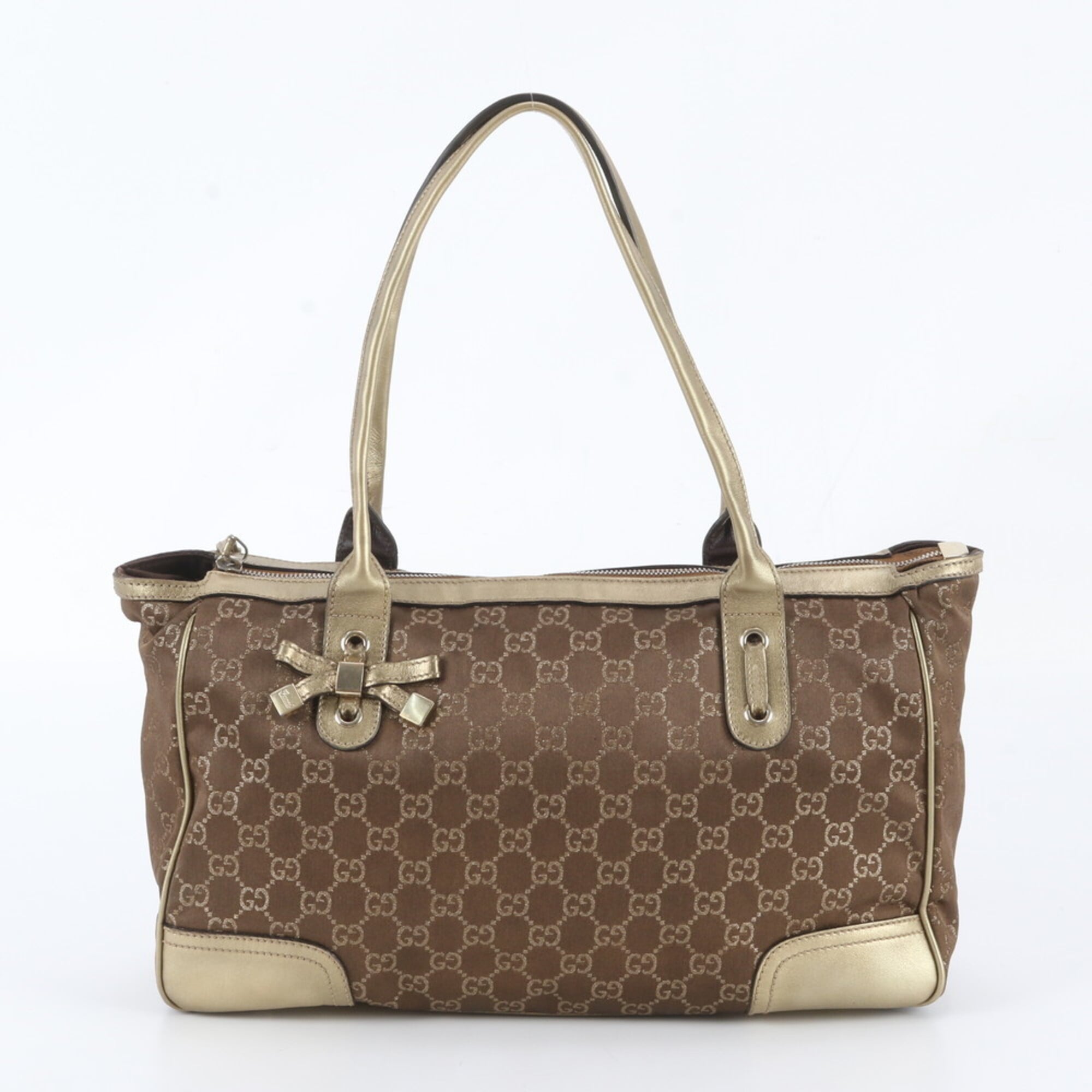 Gucci Brown Gold Leather Canvas Handbag Shoulder Bag Tote Bag (Pre-Owned)