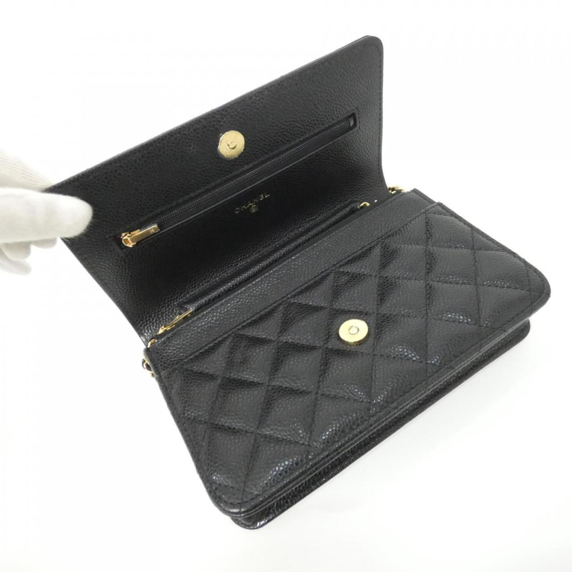 Chanel Black Grained Calfskin Chain/Shoulder Wallet (Pre-Owned)