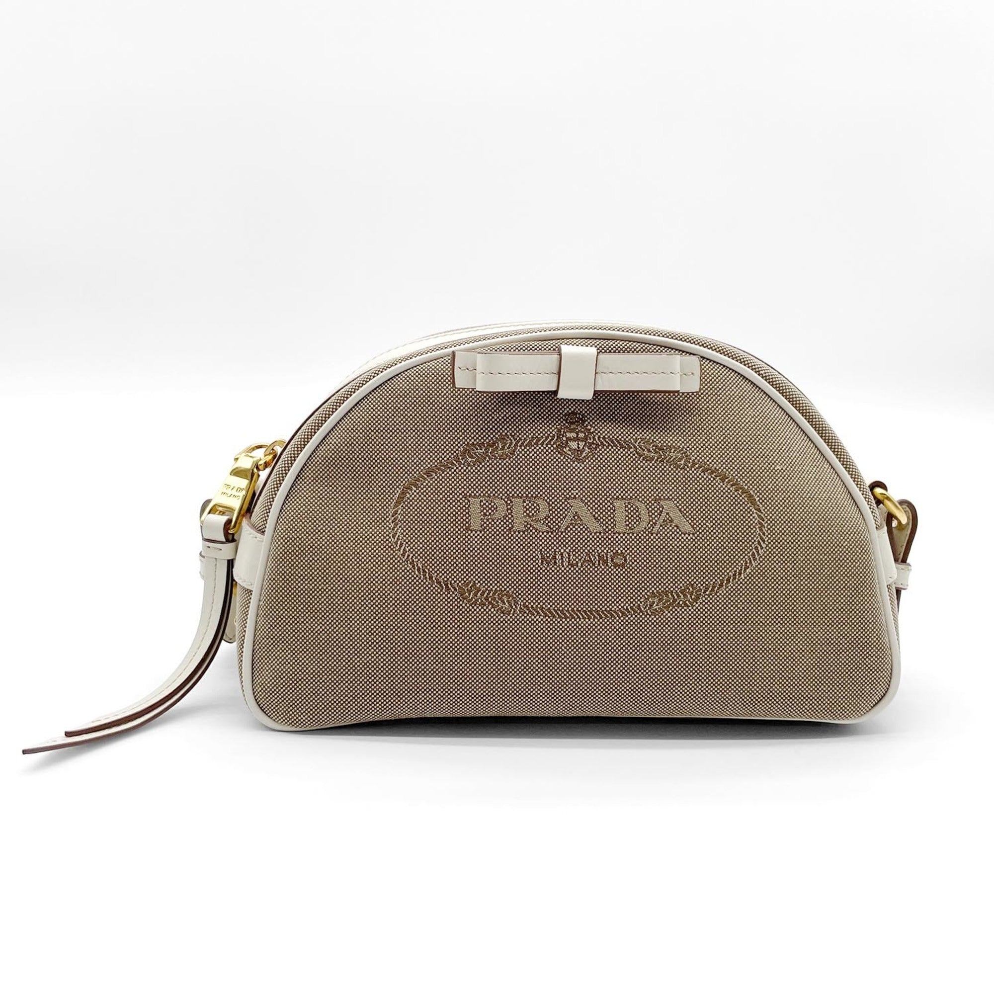 Prada Brown White Canvas Leather Shoulder Bag (Pre-Owned)