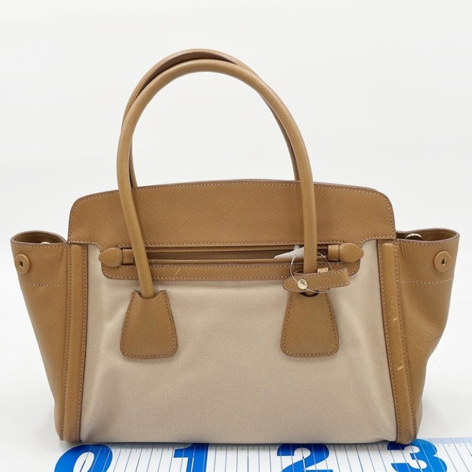 Prada Beige Brown Leather Canvas Handbag Shoulder Bag Tote Bag (Pre-Owned)