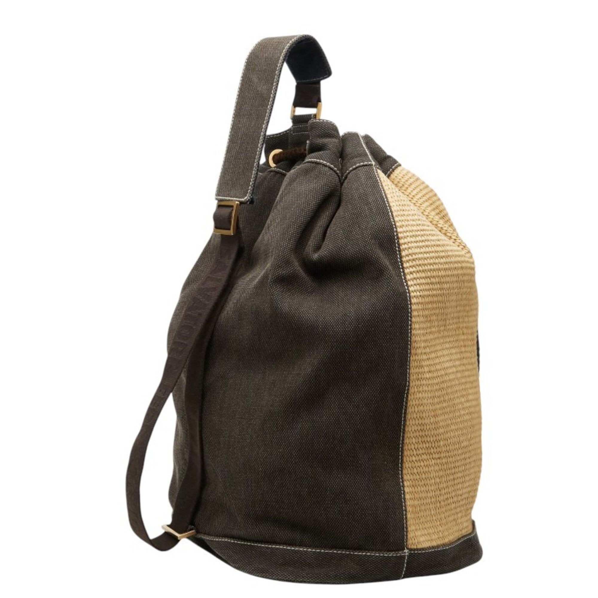 Salvatore Ferragamo Beige Brown Straw Canvas Shoulder Bag (Pre-Owned)