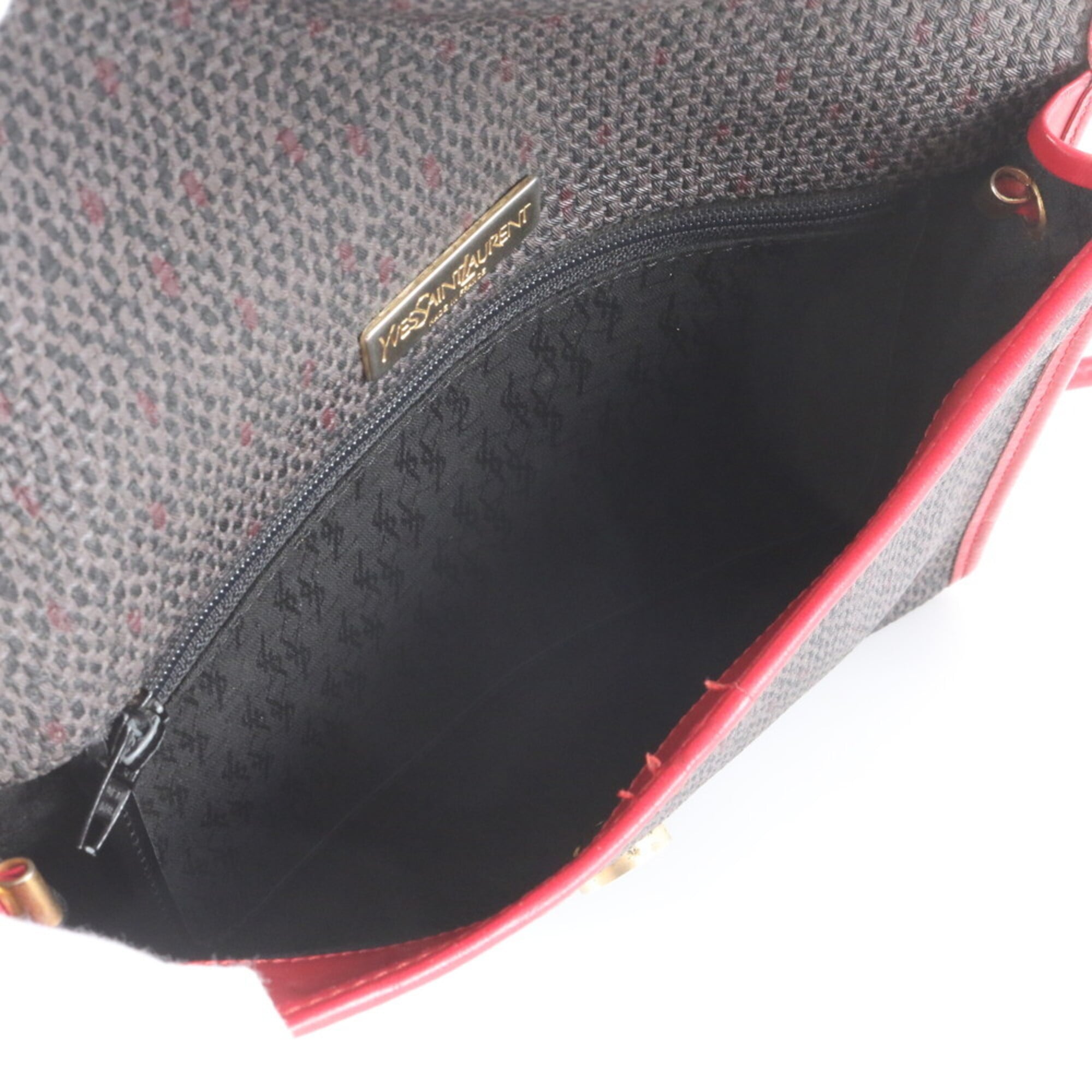 Yves Saint Laurent Gray Red Color Leather Coated Canvas Crossbody Bag Handbag Shoulder Bag Tote Bag (Pre-Owned)