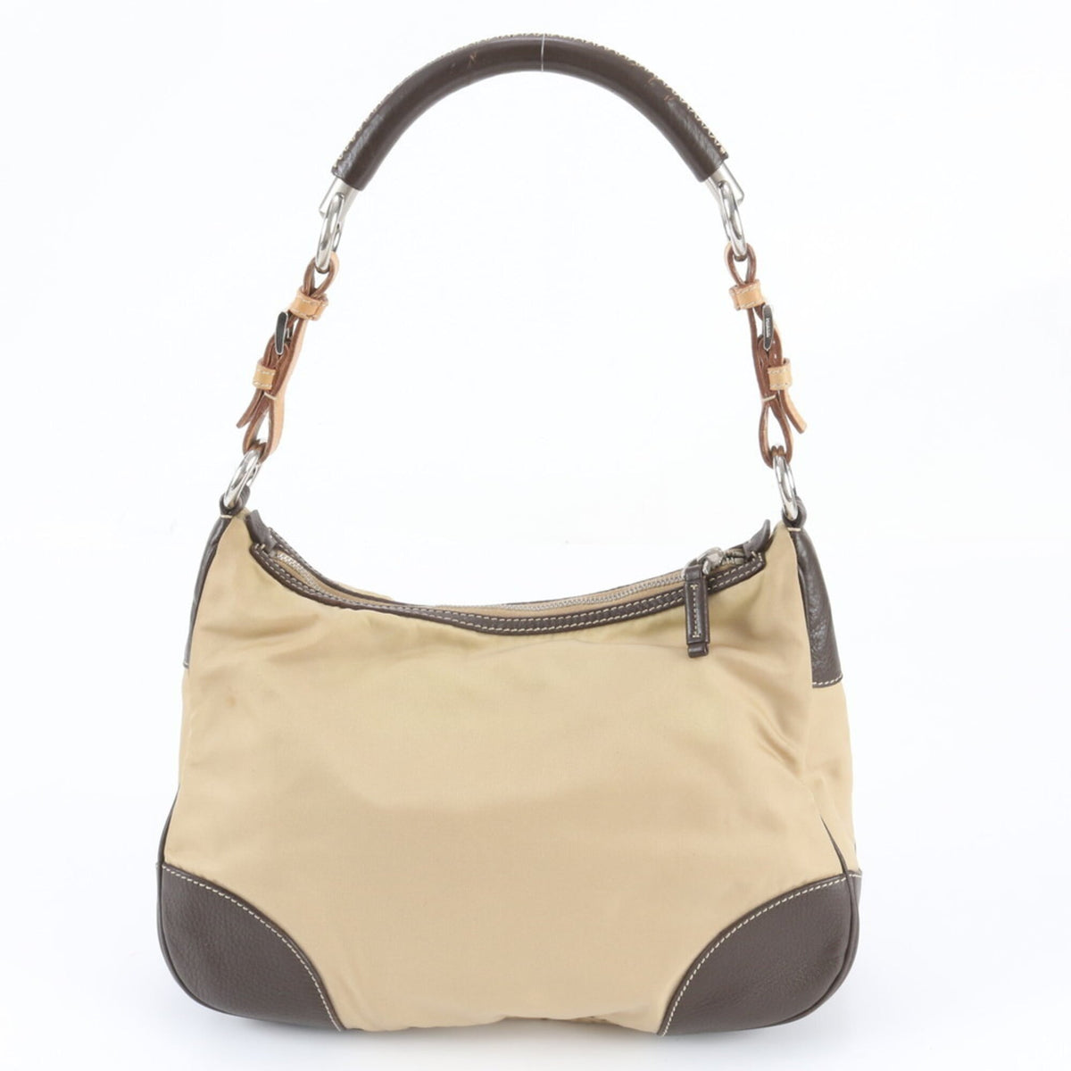 Prada Beige Leather Nylon Handbag Shoulder Bag (Pre-Owned)