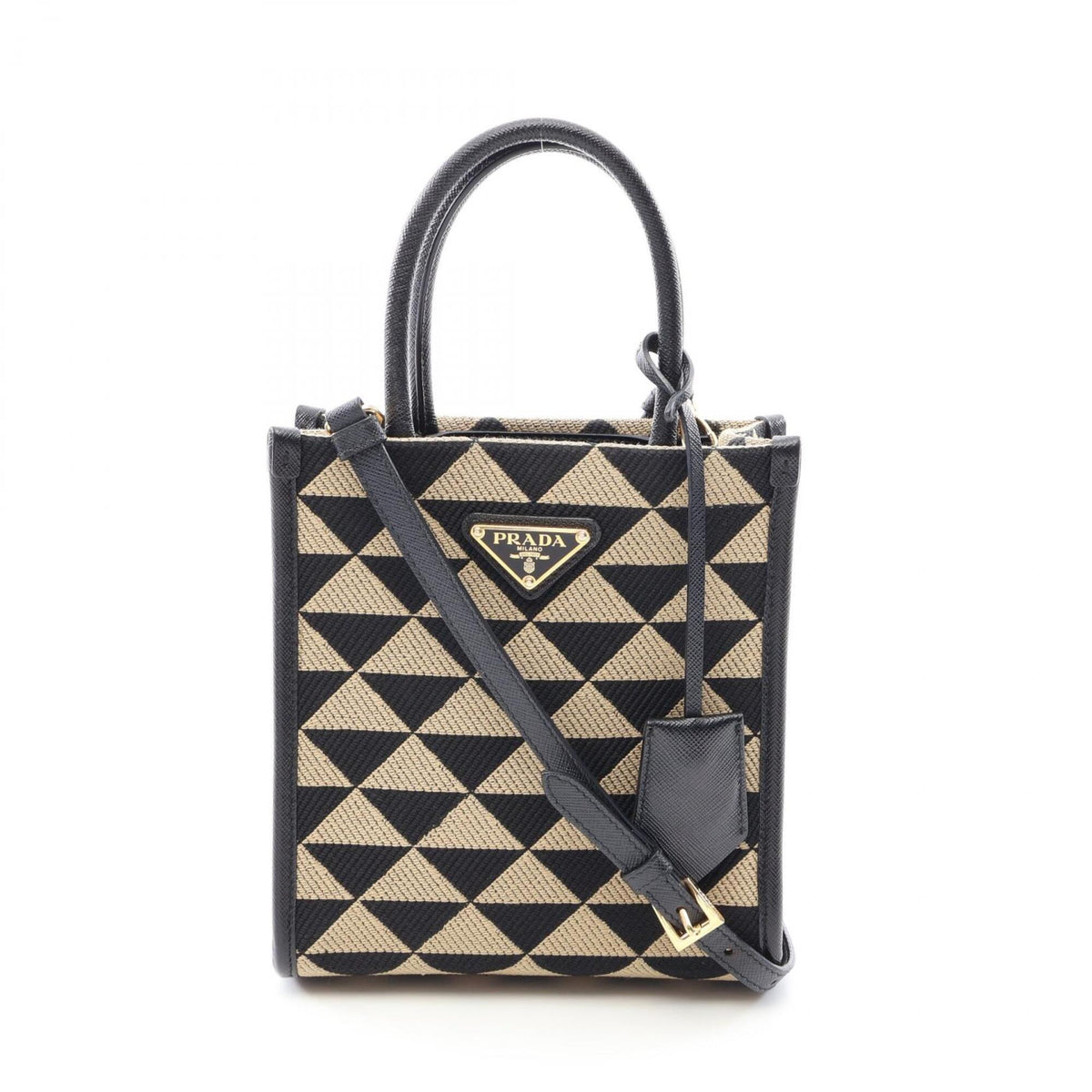 Prada Beige Black Canvas Saffiano Triangle Handbag (Pre-Owned)