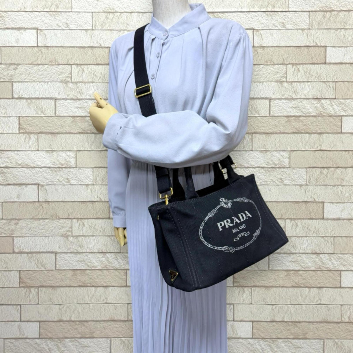 Prada Canapa Black Nero Canvas Shoulder Bag (Pre-Owned)
