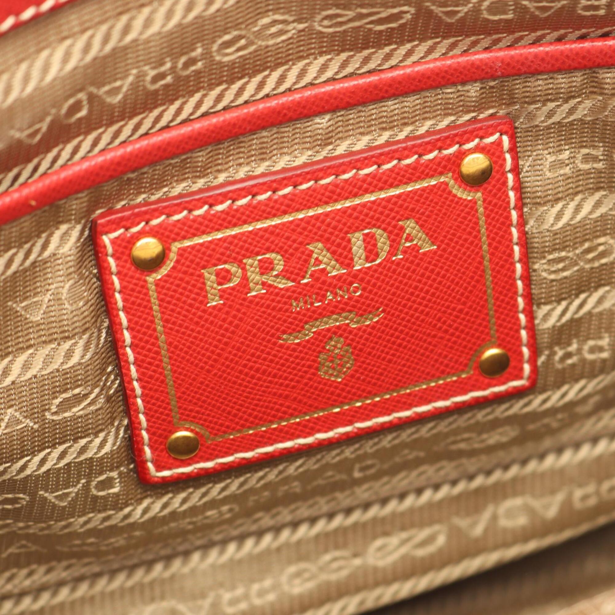 Prada Beige Red Color Canvas Leather Handbag (Pre-Owned)