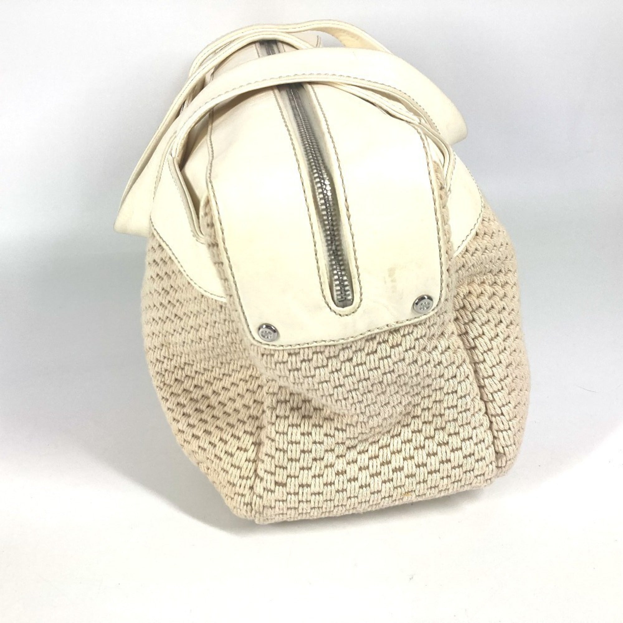 Chanel Beige White Leather Canvas Handbag Shoulder Bag Tote Bag (Pre-Owned)