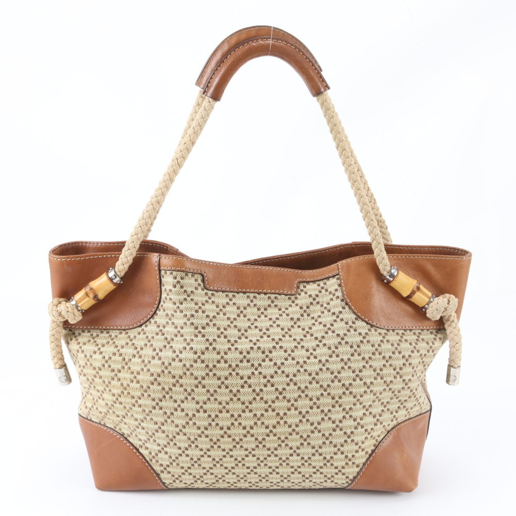 Gucci Diamante Beige Brown Leather Canvas Handbag (Pre-Owned)