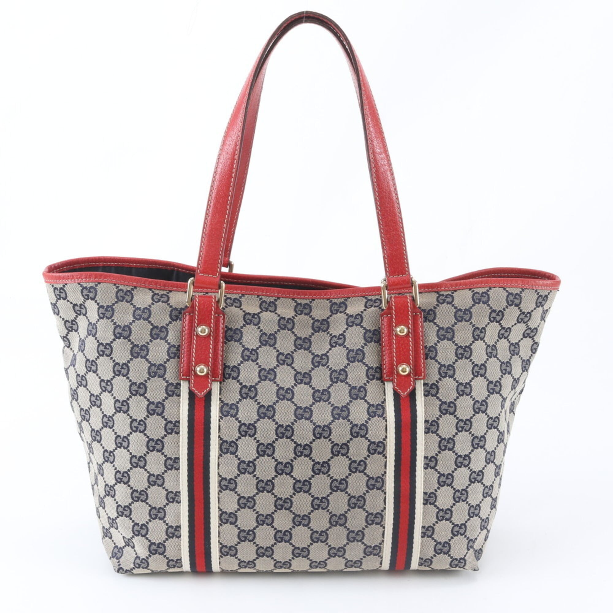 Gucci Beige Navy Red Color Leather Canvas Handbag Shoulder Bag Tote Bag (Pre-Owned)