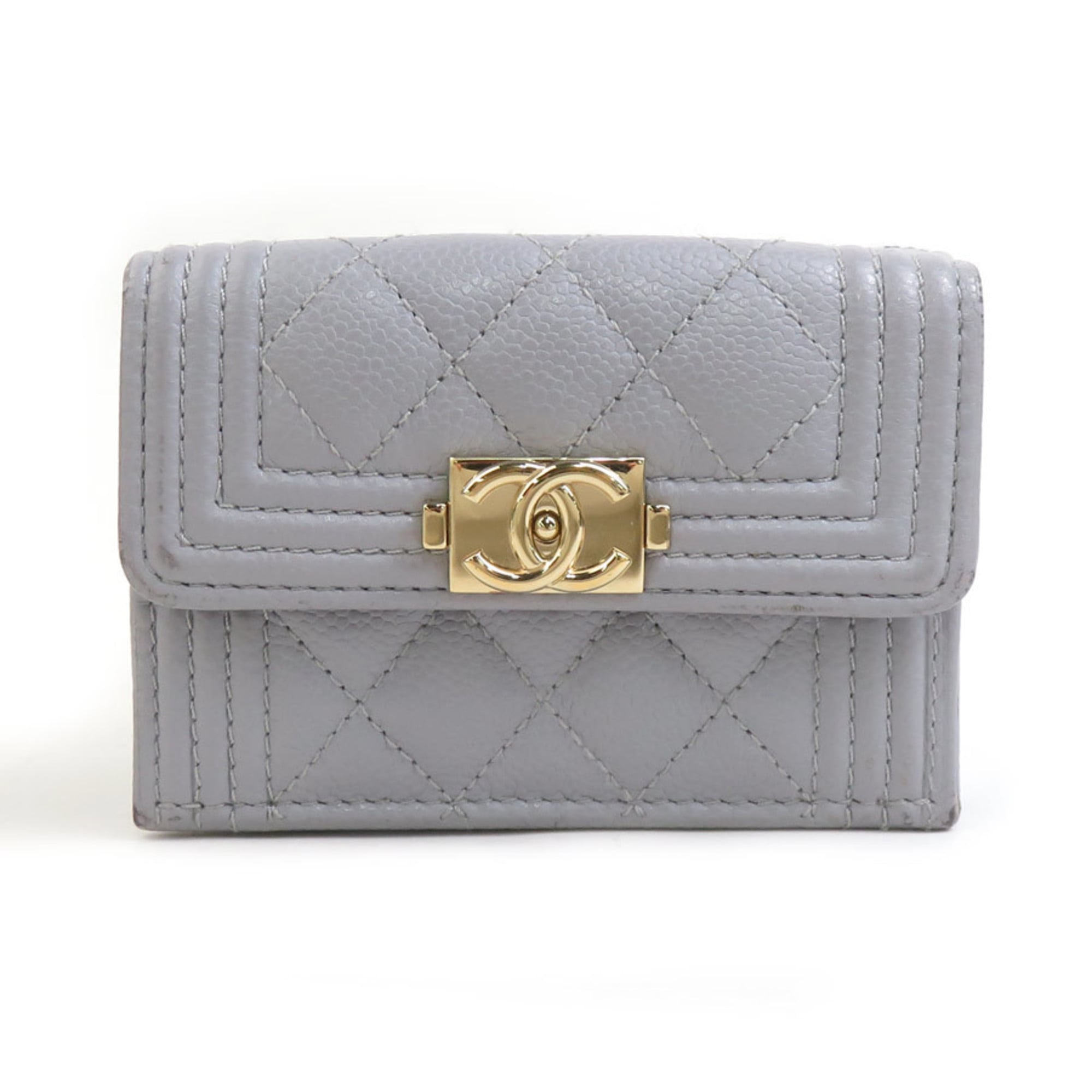 Chanel Light Gray Grained Calfskin Wallet (Tri-Fold) (Pre-Owned)