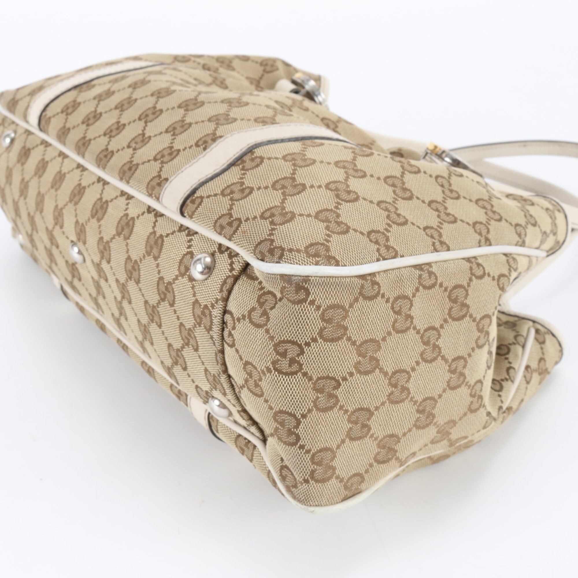 Gucci Beige Ivory Leather Canvas Handbag Tote Bag (Pre-Owned)
