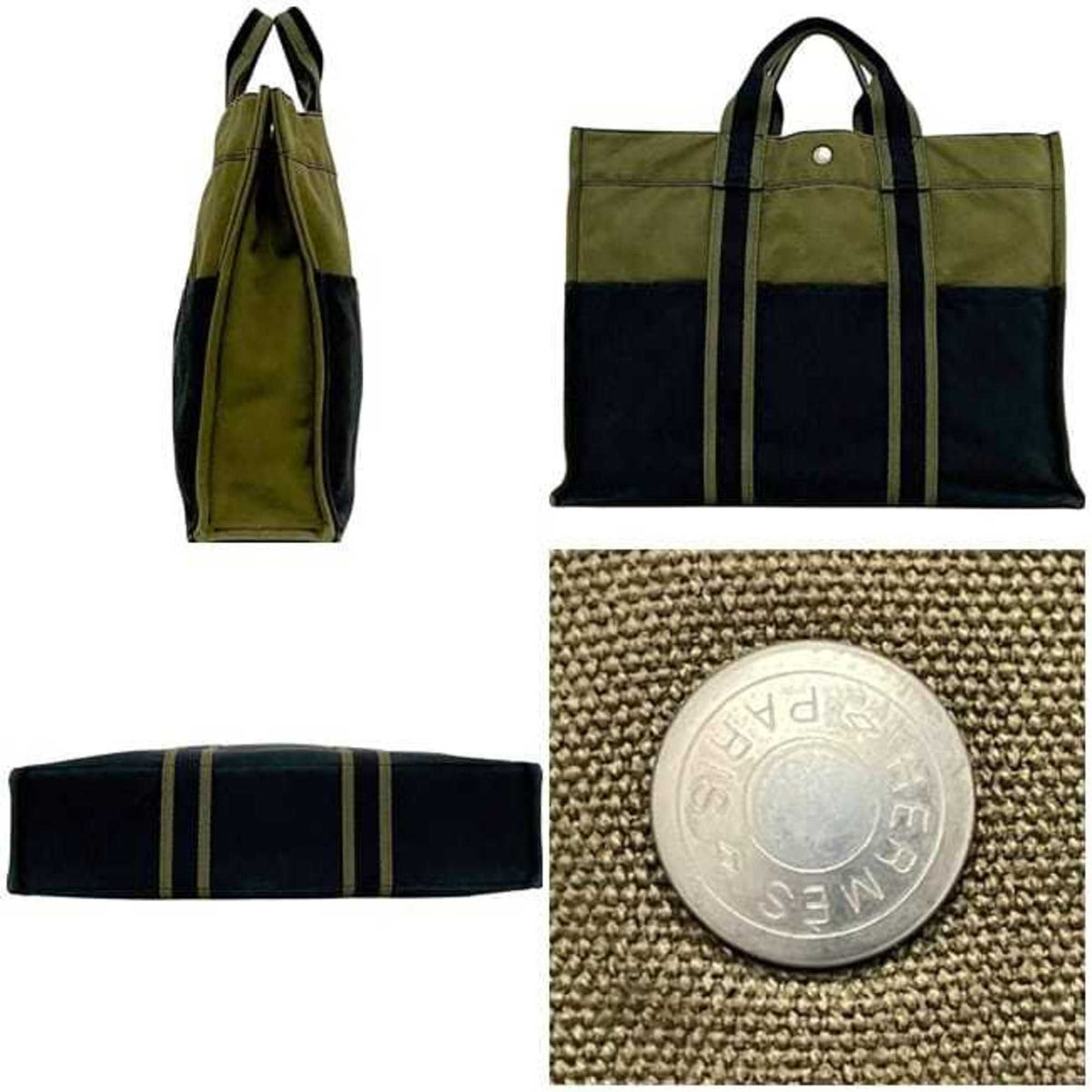 Hermes Green Khaki Navy Canvas Tote Bag (Pre-Owned)