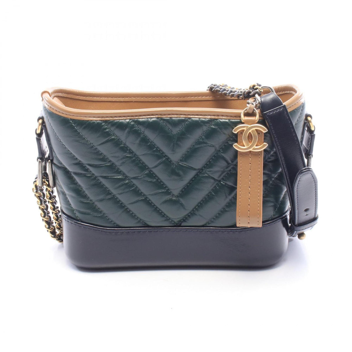 Chanel Beige Black Green Leather Handbag Shoulder Bag (Pre-Owned)
